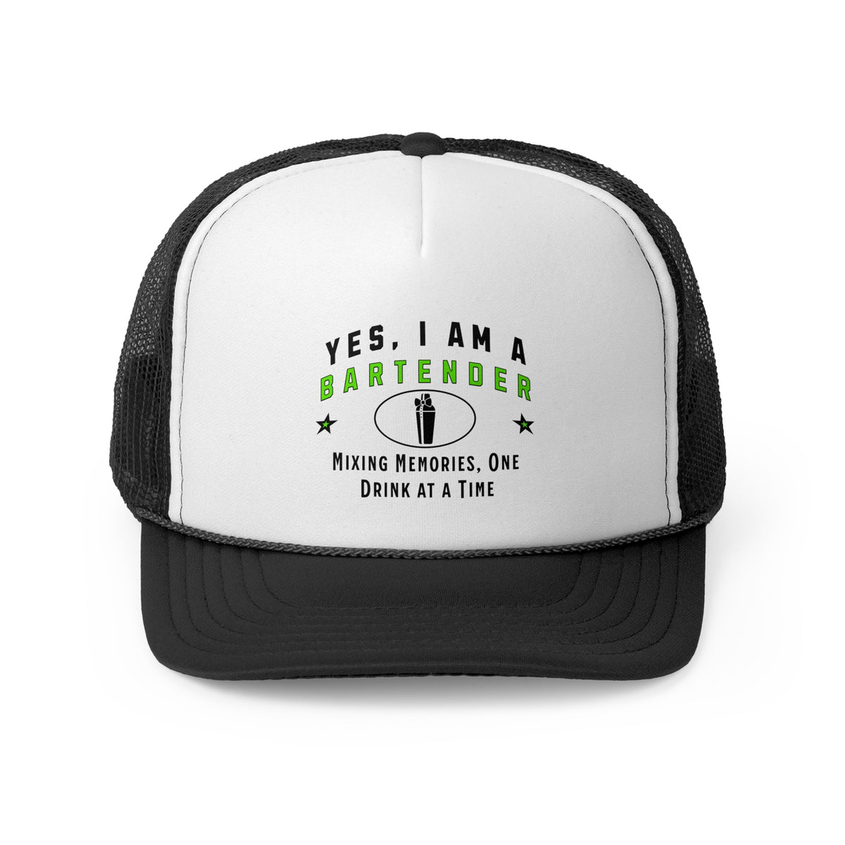 YES, I AM A BARTENDER&quot; Trucker Hat – Mixing Memories, One Drink at a Time | Adjustable Mesh-Back Cap for Bartending Pros