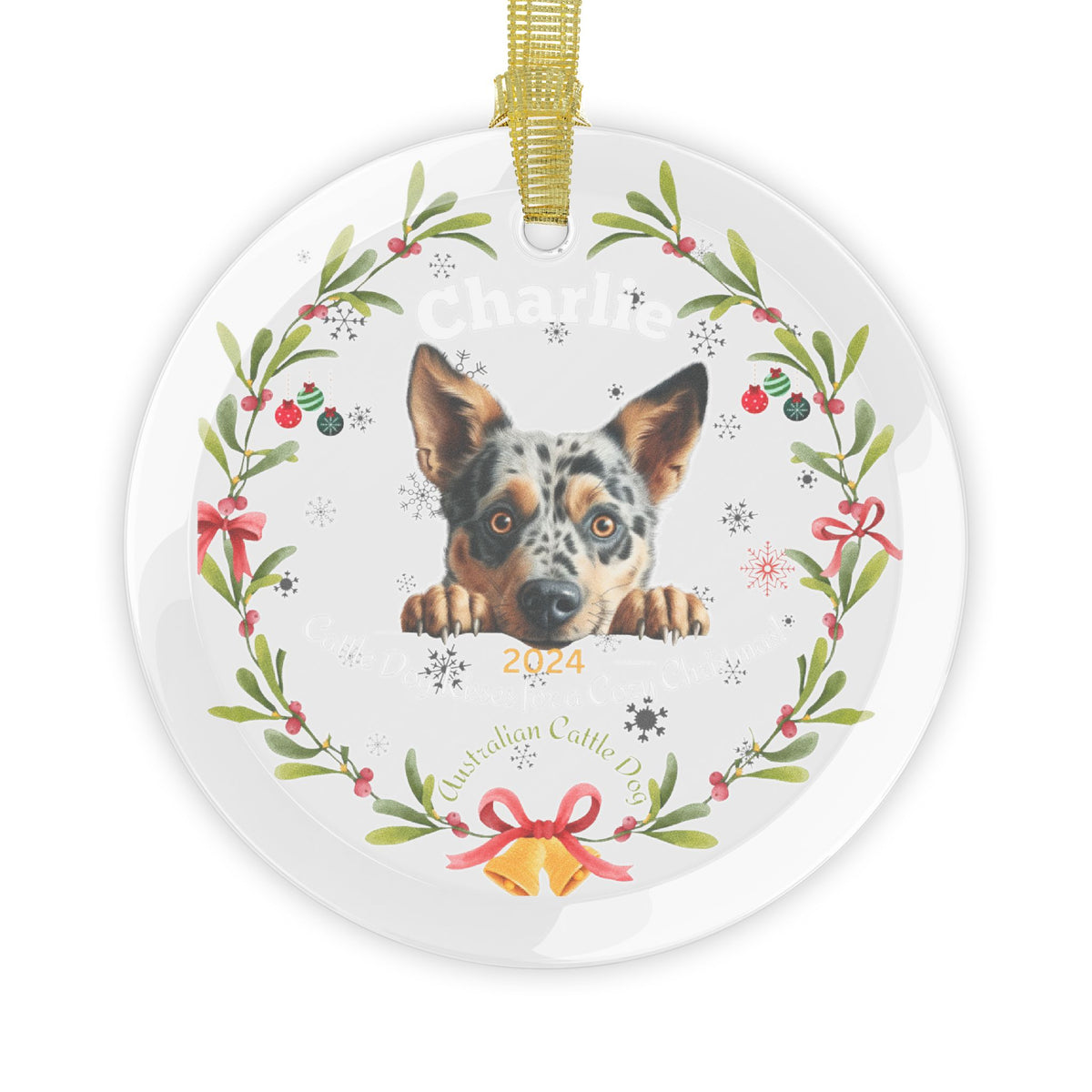 Personalized Australian Cattle Dog Glass Christmas Ornament – Custom Name and Year Holiday Keepsake