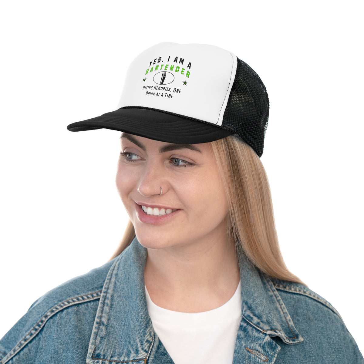 YES, I AM A BARTENDER&quot; Trucker Hat – Mixing Memories, One Drink at a Time | Adjustable Mesh-Back Cap for Bartending Pros