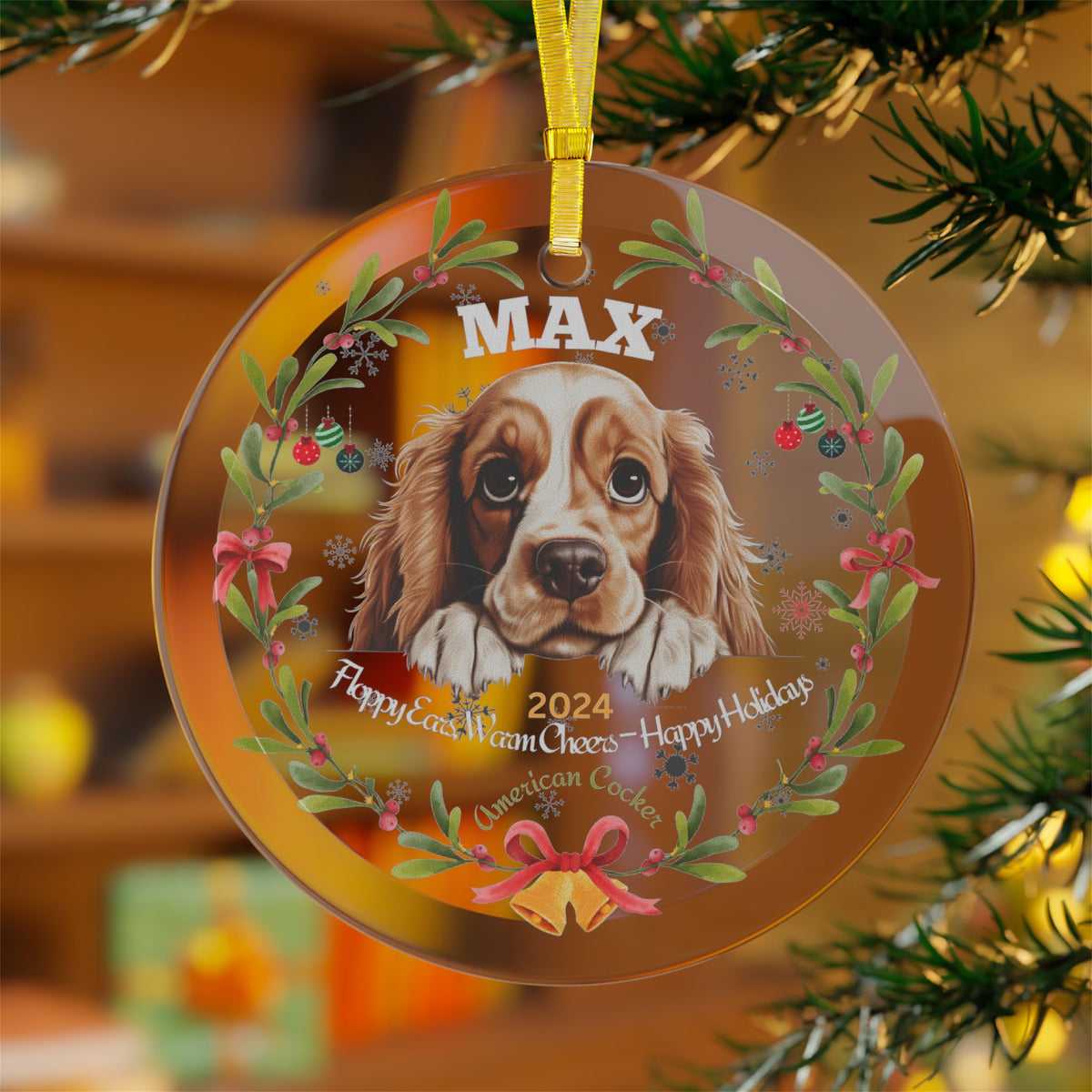 Personalized American Cocker Spaniel Glass Christmas Ornament – Custom Name and Year Holiday Keepsake