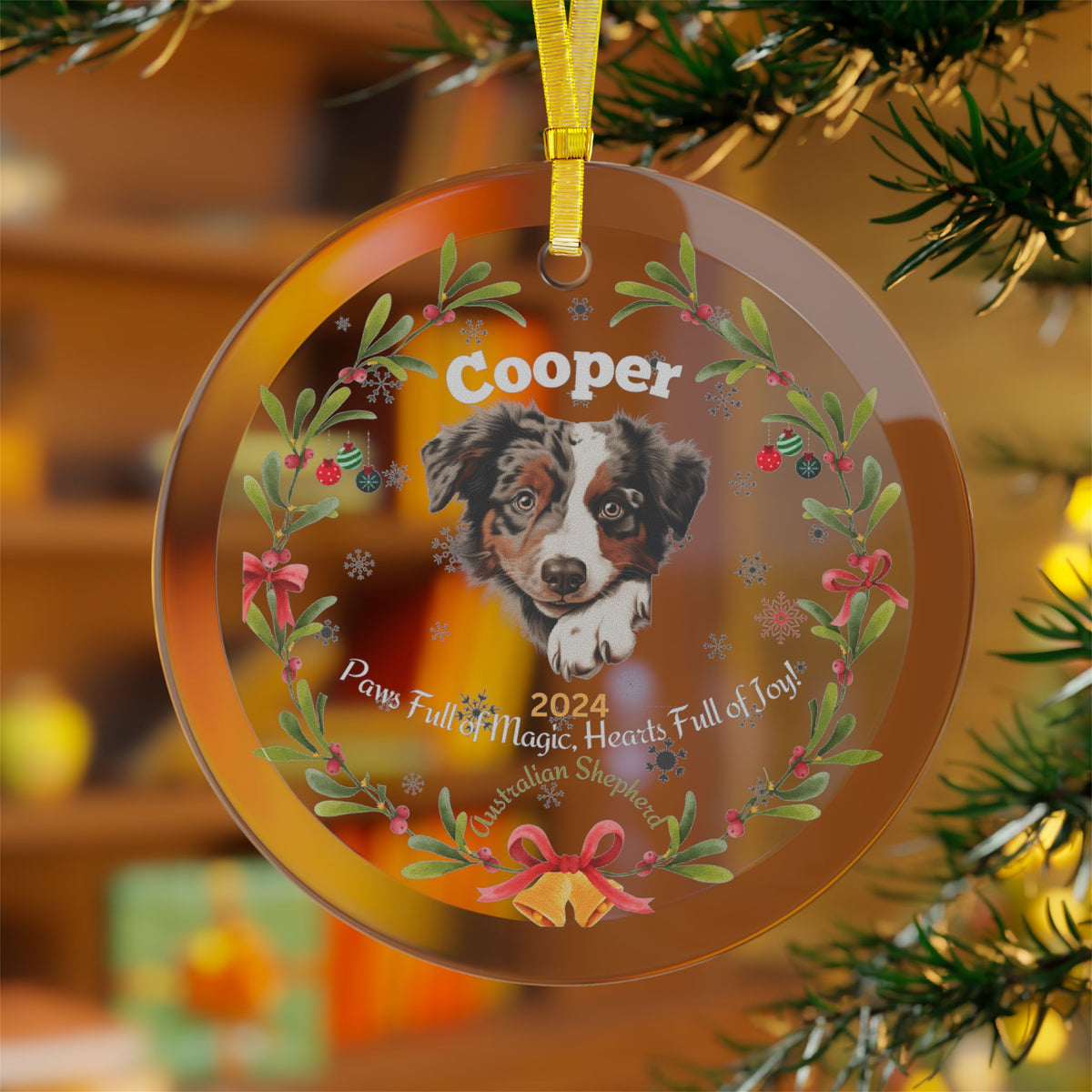 Personalized Australian Shepherd Glass Christmas Ornament – Custom Dog Name and Year Holiday Keepsake