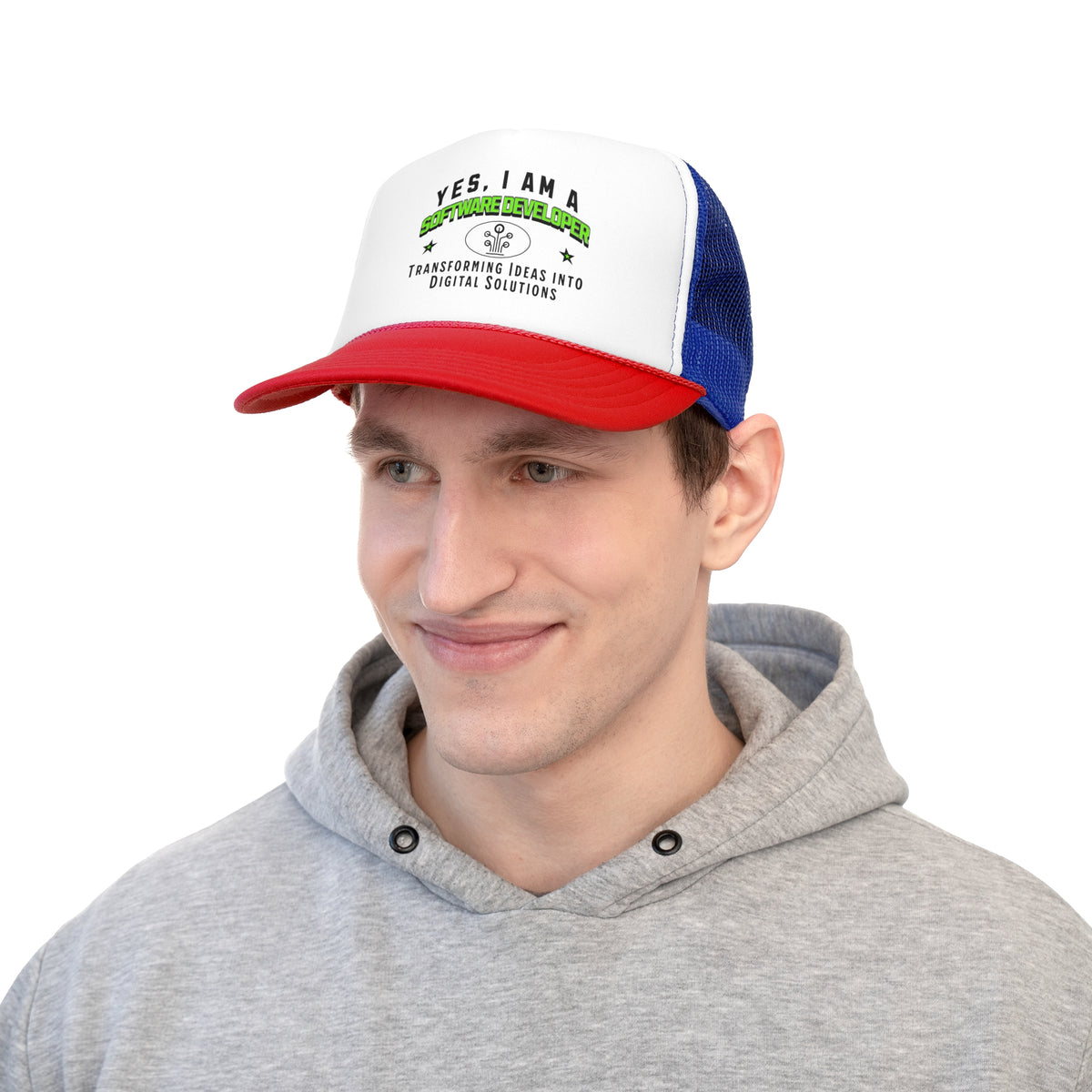 YES, I AM A SOFTWARE DEVELOPER&quot; Trucker Hat – Transforming Ideas into Digital Solutions | Adjustable Mesh-Back Cap for Tech Enthusiasts