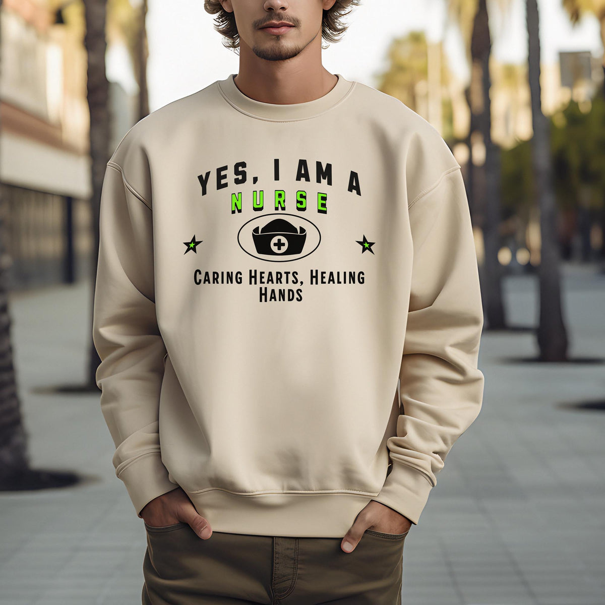 Nurse Crewneck Sweatshirt – &quot;YES, I AM A NURSE. Caring Hearts, Healing Hands