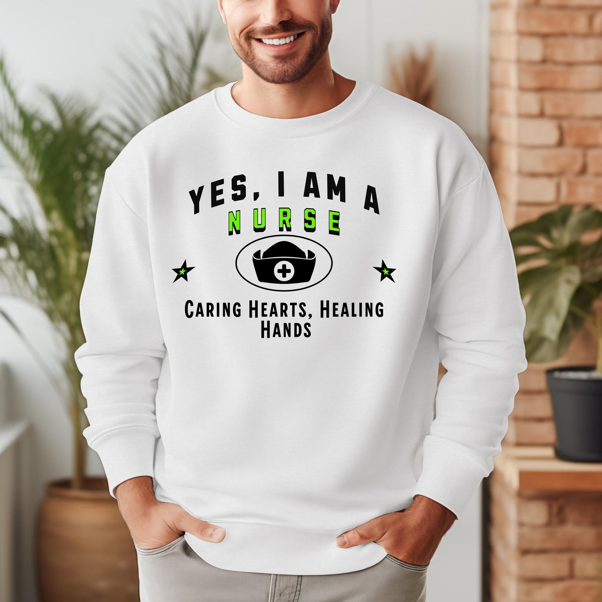 Nurse Crewneck Sweatshirt – &quot;YES, I AM A NURSE. Caring Hearts, Healing Hands