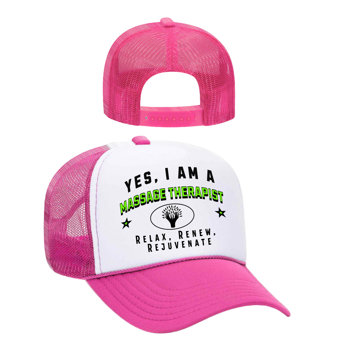 YES, I AM A MASSAGE THERAPIST&quot; Trucker Hat – Relax, Renew, Rejuvenate | Adjustable Mesh-Back Cap for Wellness Professionals