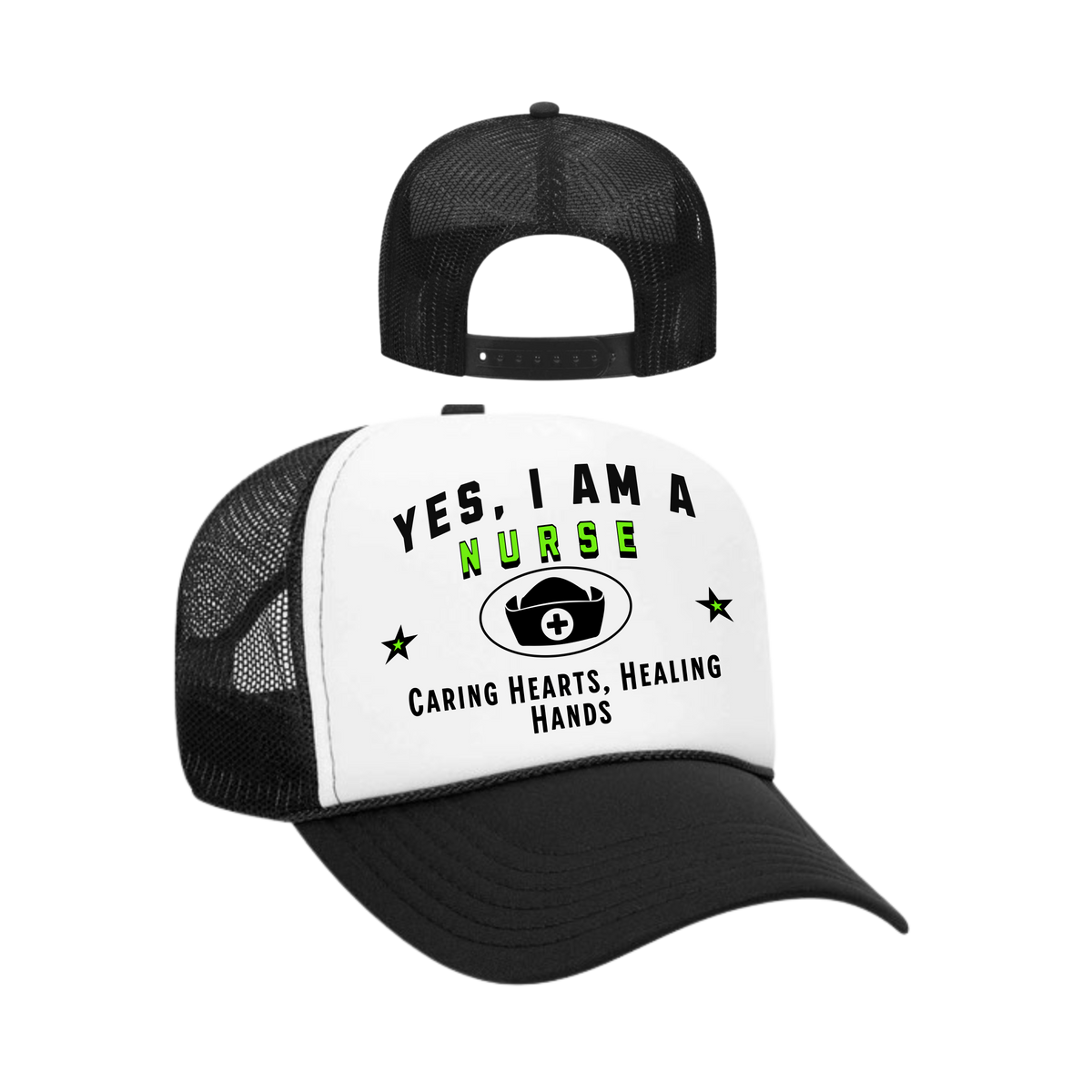 YES, I AM A NURSE&quot; Trucker Hat – Caring Hearts, Healing Hands | Adjustable Mesh-Back Cap for Compassionate Healthcare Heroes