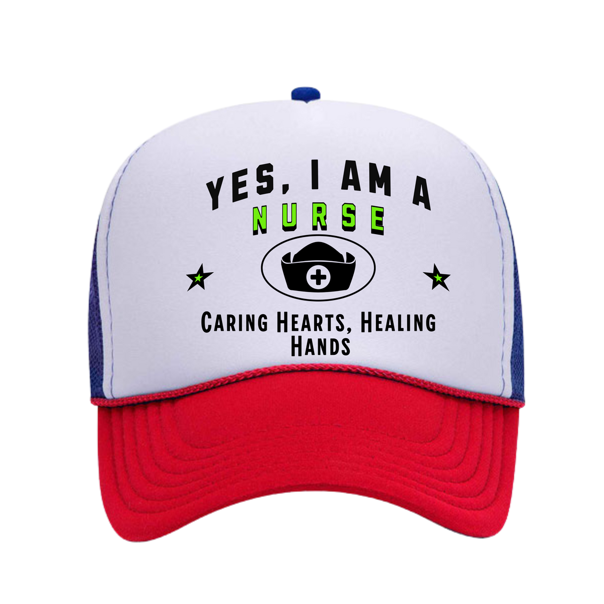 YES, I AM A NURSE&quot; Trucker Hat – Caring Hearts, Healing Hands | Adjustable Mesh-Back Cap for Compassionate Healthcare Heroes