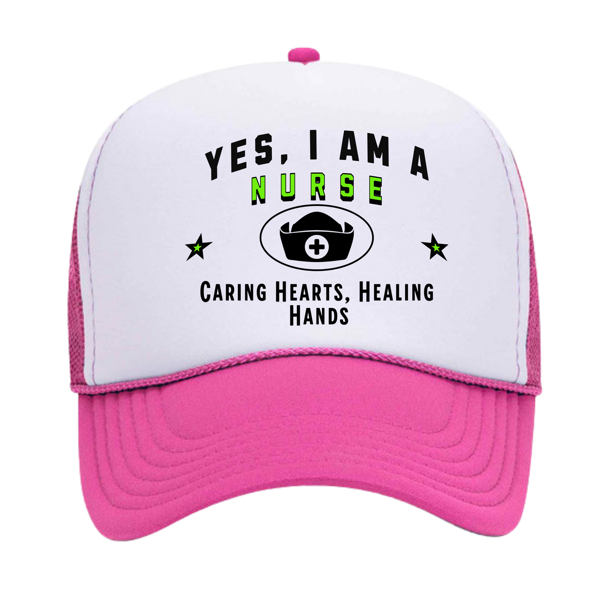 YES, I AM A NURSE&quot; Trucker Hat – Caring Hearts, Healing Hands | Adjustable Mesh-Back Cap for Compassionate Healthcare Heroes