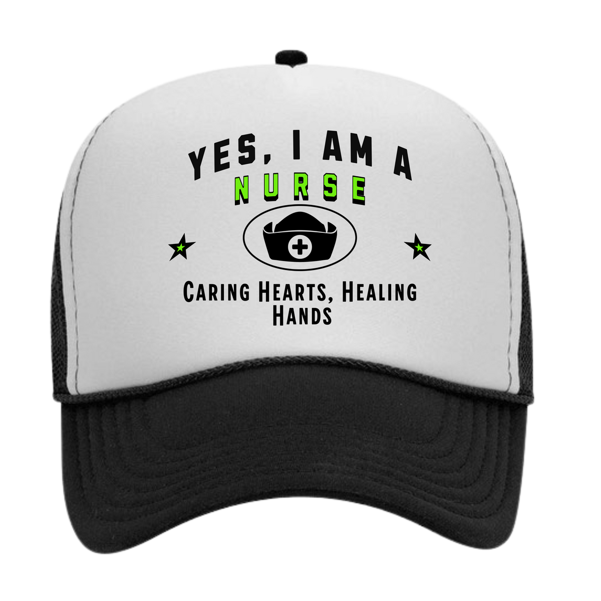 YES, I AM A NURSE&quot; Trucker Hat – Caring Hearts, Healing Hands | Adjustable Mesh-Back Cap for Compassionate Healthcare Heroes