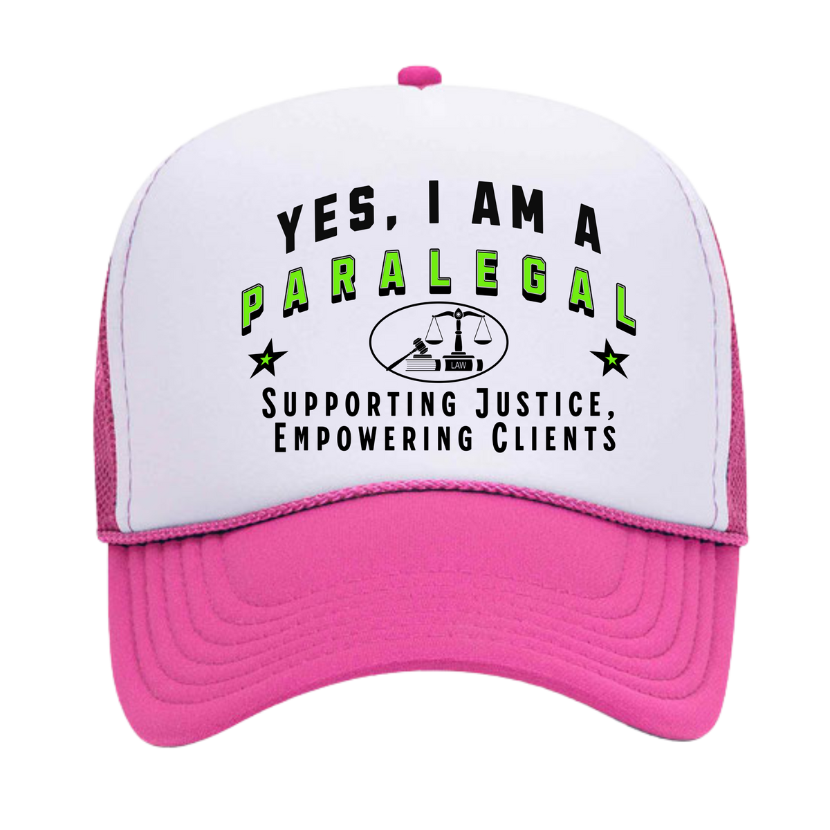 YES, I AM A PARALEGAL&quot; Trucker Hat – Supporting Justice, Empowering Clients | Adjustable Mesh-Back Cap for Legal Professionals