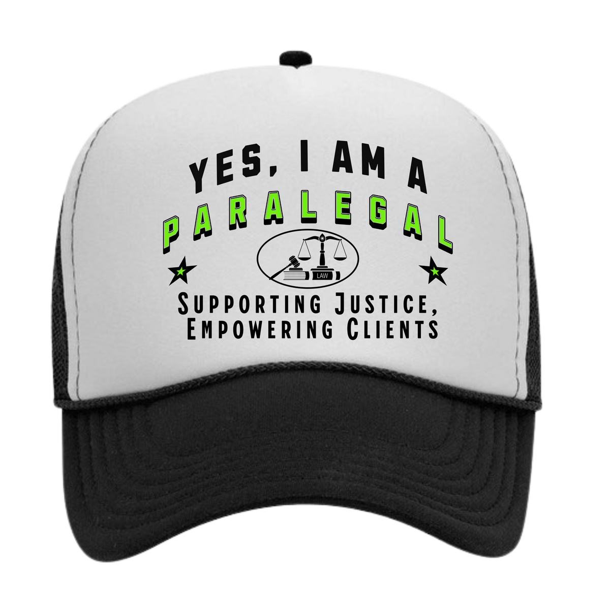 YES, I AM A PARALEGAL&quot; Trucker Hat – Supporting Justice, Empowering Clients | Adjustable Mesh-Back Cap for Legal Professionals