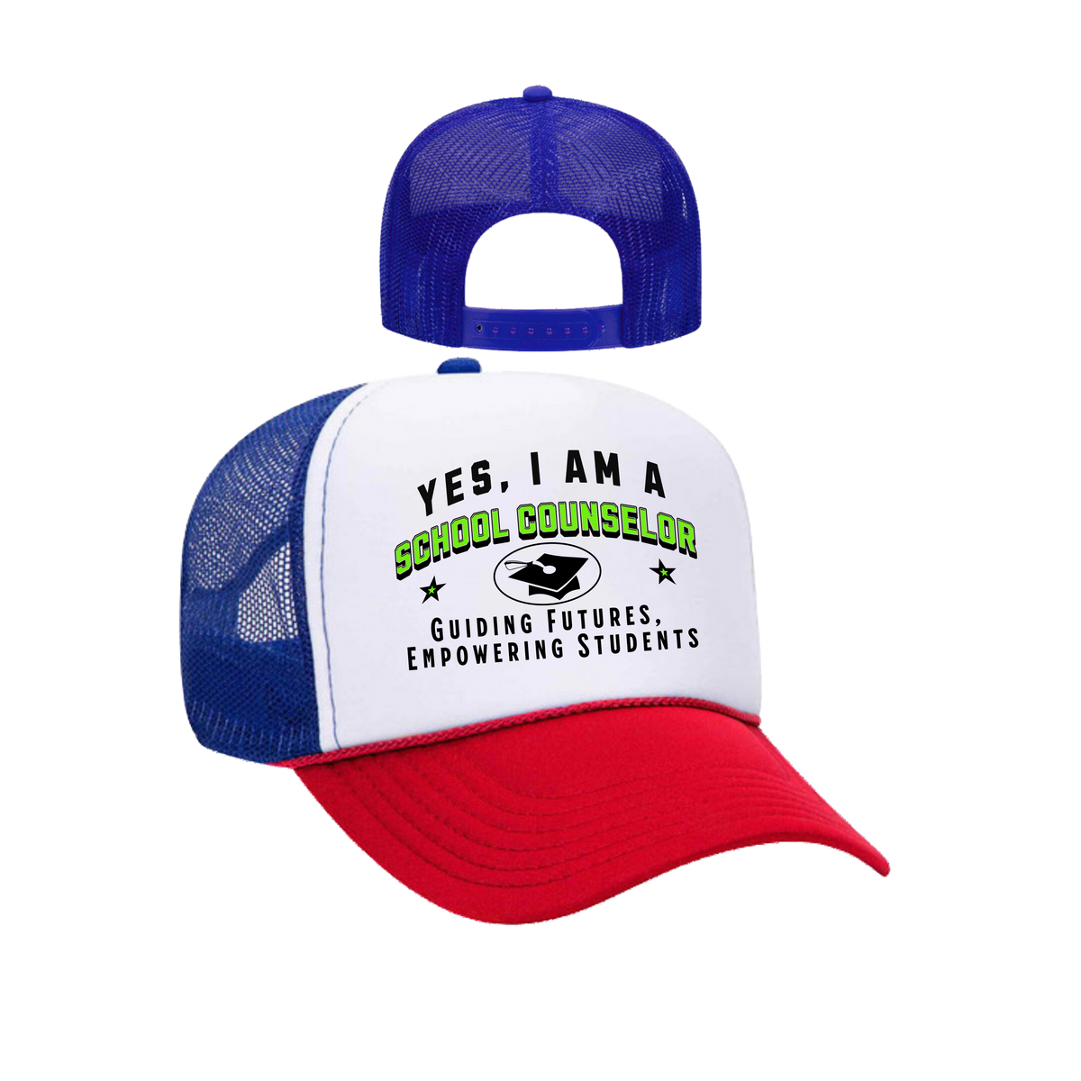 YES, I AM A SCHOOL COUNSELOR&quot; Trucker Hat – Guiding Futures, Empowering Students | Adjustable Mesh-Back Cap for Education Professionals