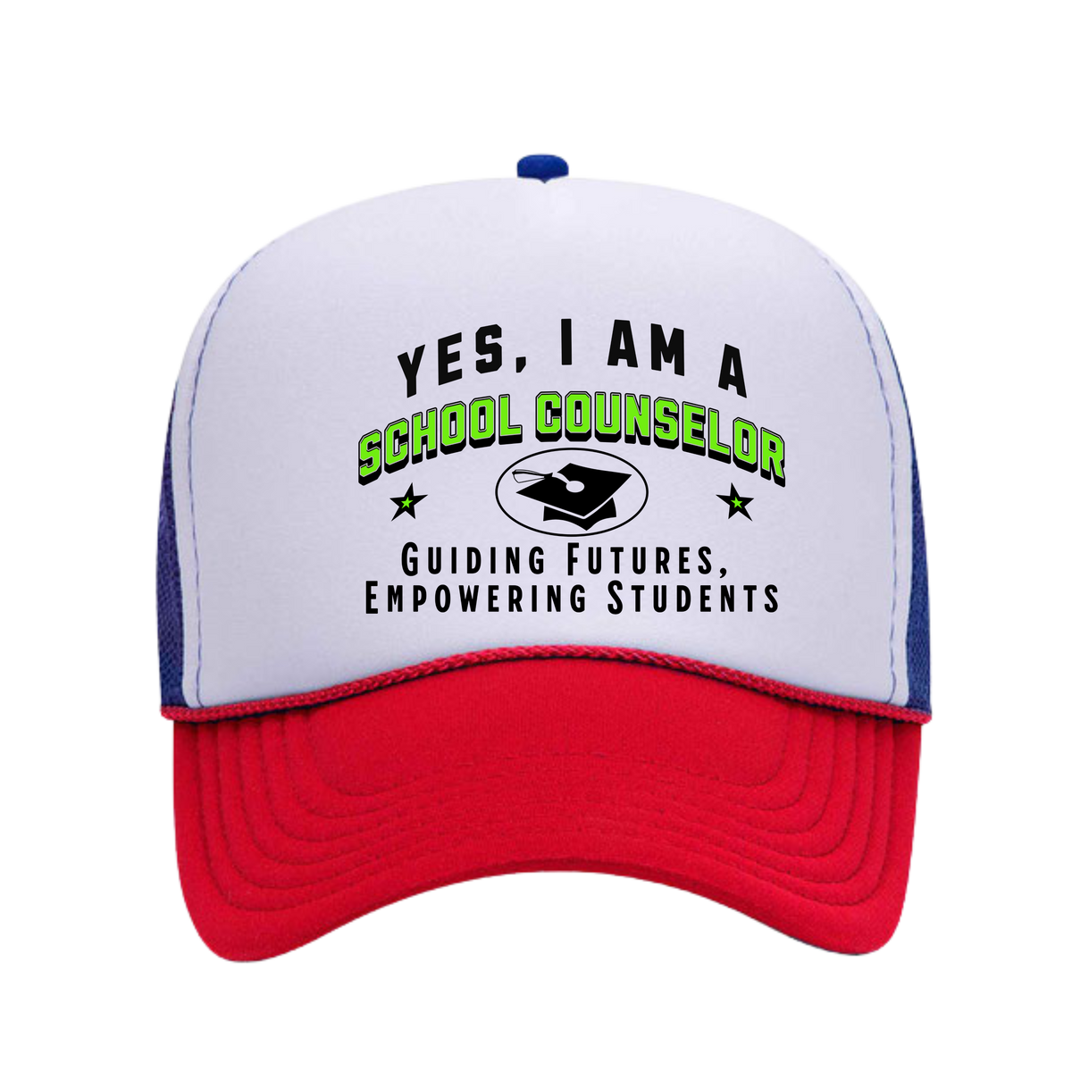 YES, I AM A SCHOOL COUNSELOR&quot; Trucker Hat – Guiding Futures, Empowering Students | Adjustable Mesh-Back Cap for Education Professionals