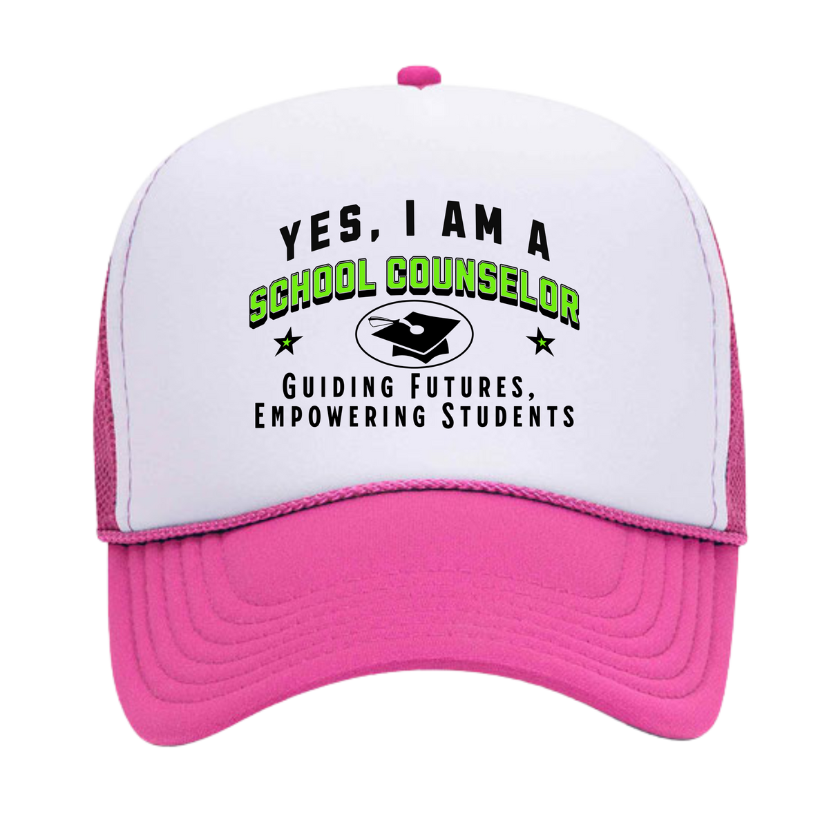 YES, I AM A SCHOOL COUNSELOR&quot; Trucker Hat – Guiding Futures, Empowering Students | Adjustable Mesh-Back Cap for Education Professionals