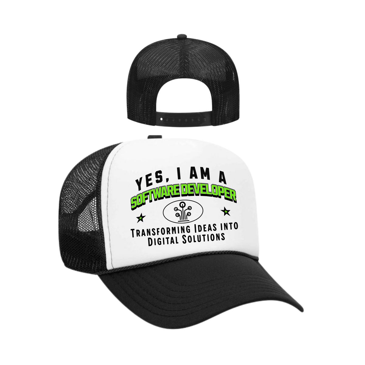 YES, I AM A SOFTWARE DEVELOPER&quot; Trucker Hat – Transforming Ideas into Digital Solutions | Adjustable Mesh-Back Cap for Tech Enthusiasts