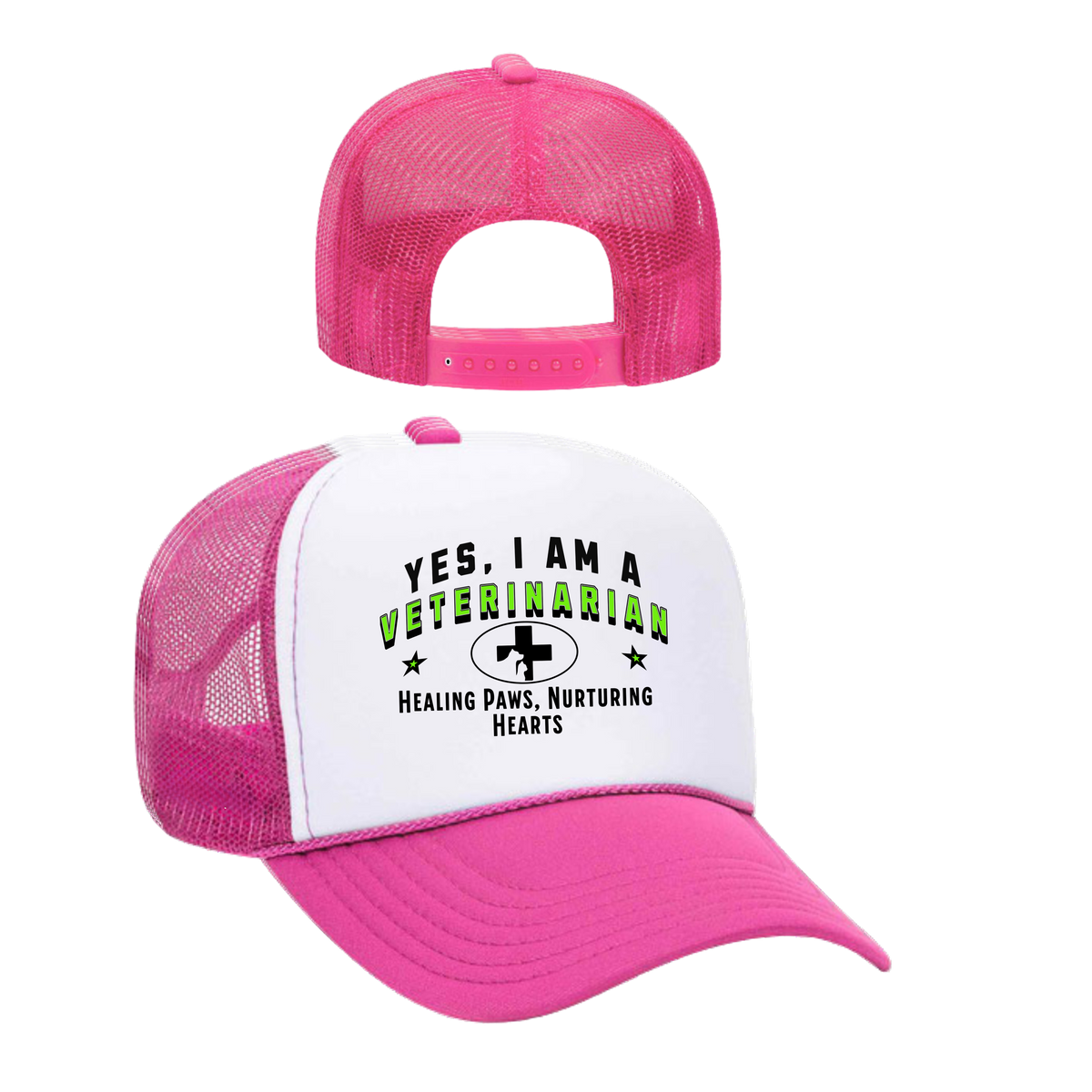 YES, I AM A VETERINARIAN&quot; Trucker Hat – Healing Paws, Nurturing Hearts | Adjustable Mesh-Back Cap for Animal Care Professionals