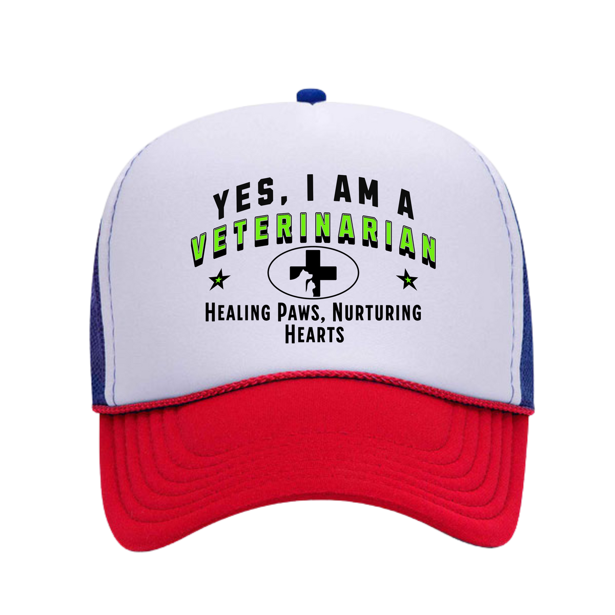 YES, I AM A VETERINARIAN&quot; Trucker Hat – Healing Paws, Nurturing Hearts | Adjustable Mesh-Back Cap for Animal Care Professionals