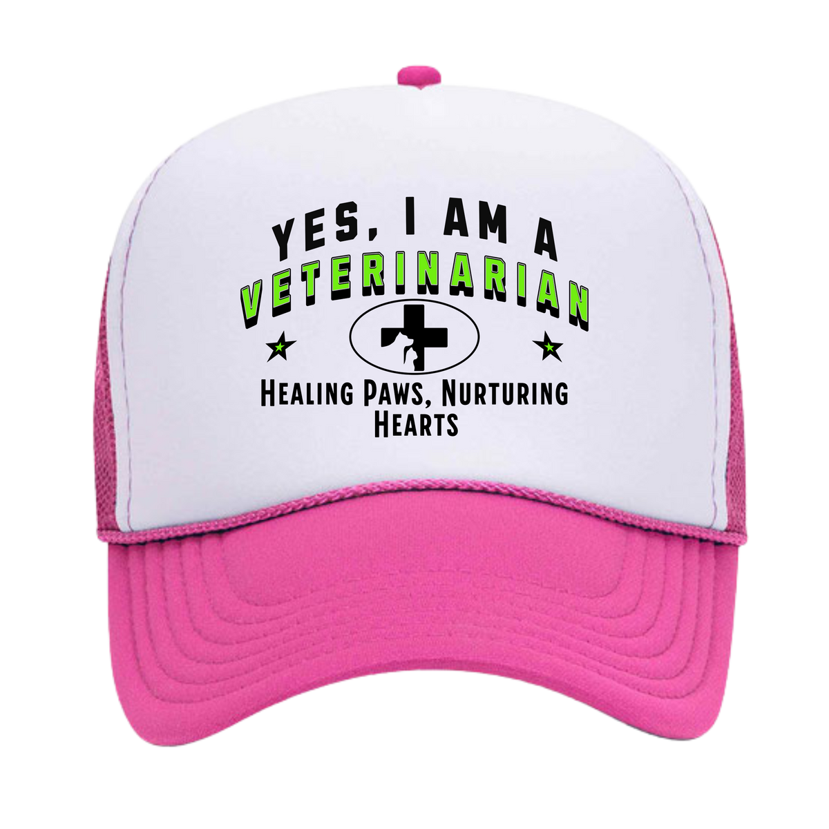 YES, I AM A VETERINARIAN&quot; Trucker Hat – Healing Paws, Nurturing Hearts | Adjustable Mesh-Back Cap for Animal Care Professionals