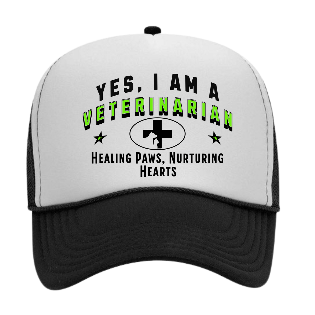 YES, I AM A VETERINARIAN&quot; Trucker Hat – Healing Paws, Nurturing Hearts | Adjustable Mesh-Back Cap for Animal Care Professionals