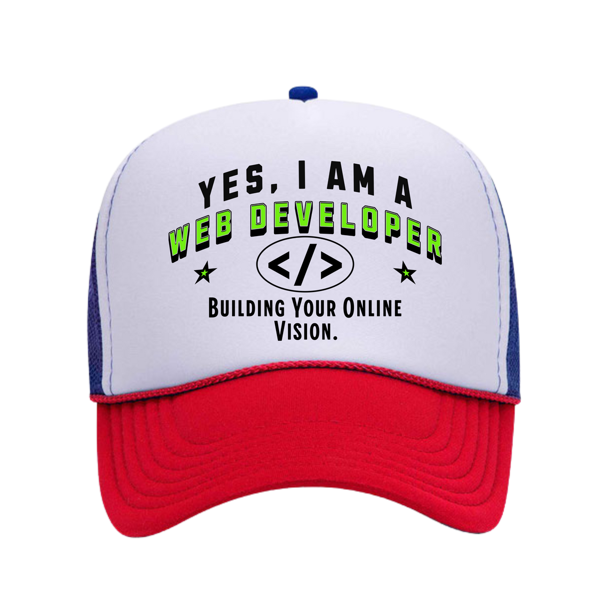 YES, I AM A WEB DEVELOPER&quot; Trucker Hat – Building Business Online Vision | Adjustable Mesh-Back Cap for Tech Professionals