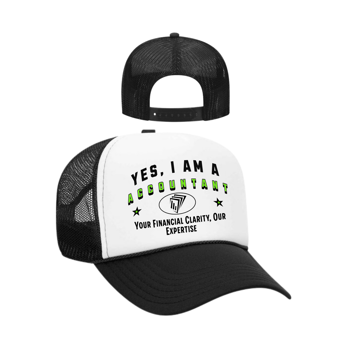 YES, I AM AN ACCOUNTANT&quot; Trucker Hat – Your Financial Clarity, Our Expertise | Adjustable Mesh-Back Cap for Financial Professionals