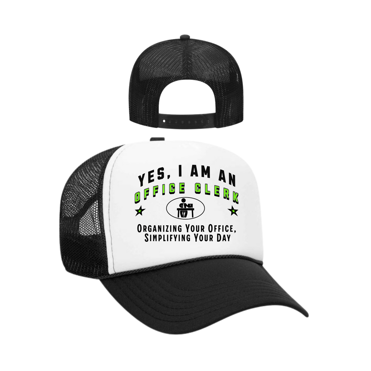 YES, I AM AN OFFICE CLERK&quot; Trucker Hat – Organizing Your Office, Simplifying Your Day | Adjustable Mesh-Back Cap for Administrative Professionals