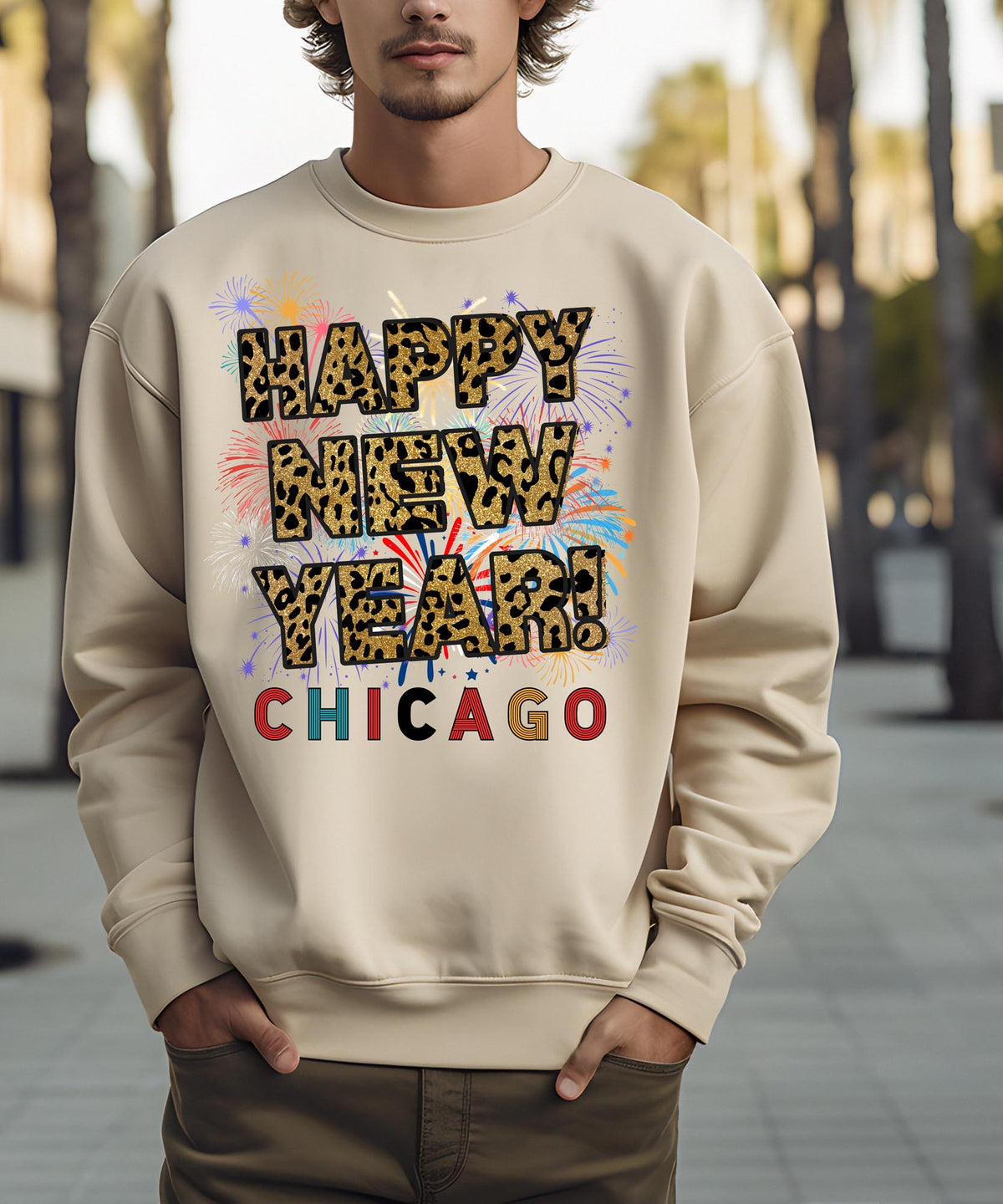 Unisex Happy New Year Chicago Sweatshirt – Fireworks, Leopard Print, and Festive Style for Winter Celebrations