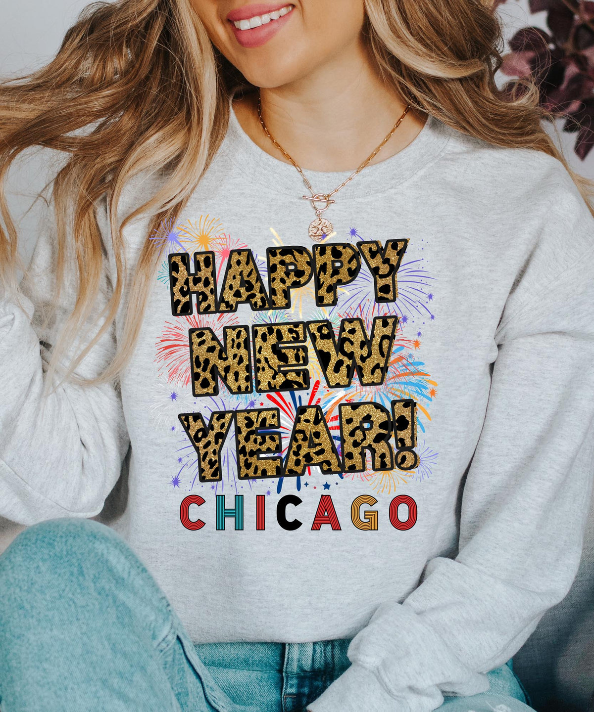 Unisex Happy New Year Chicago Sweatshirt – Fireworks, Leopard Print, and Festive Style for Winter Celebrations