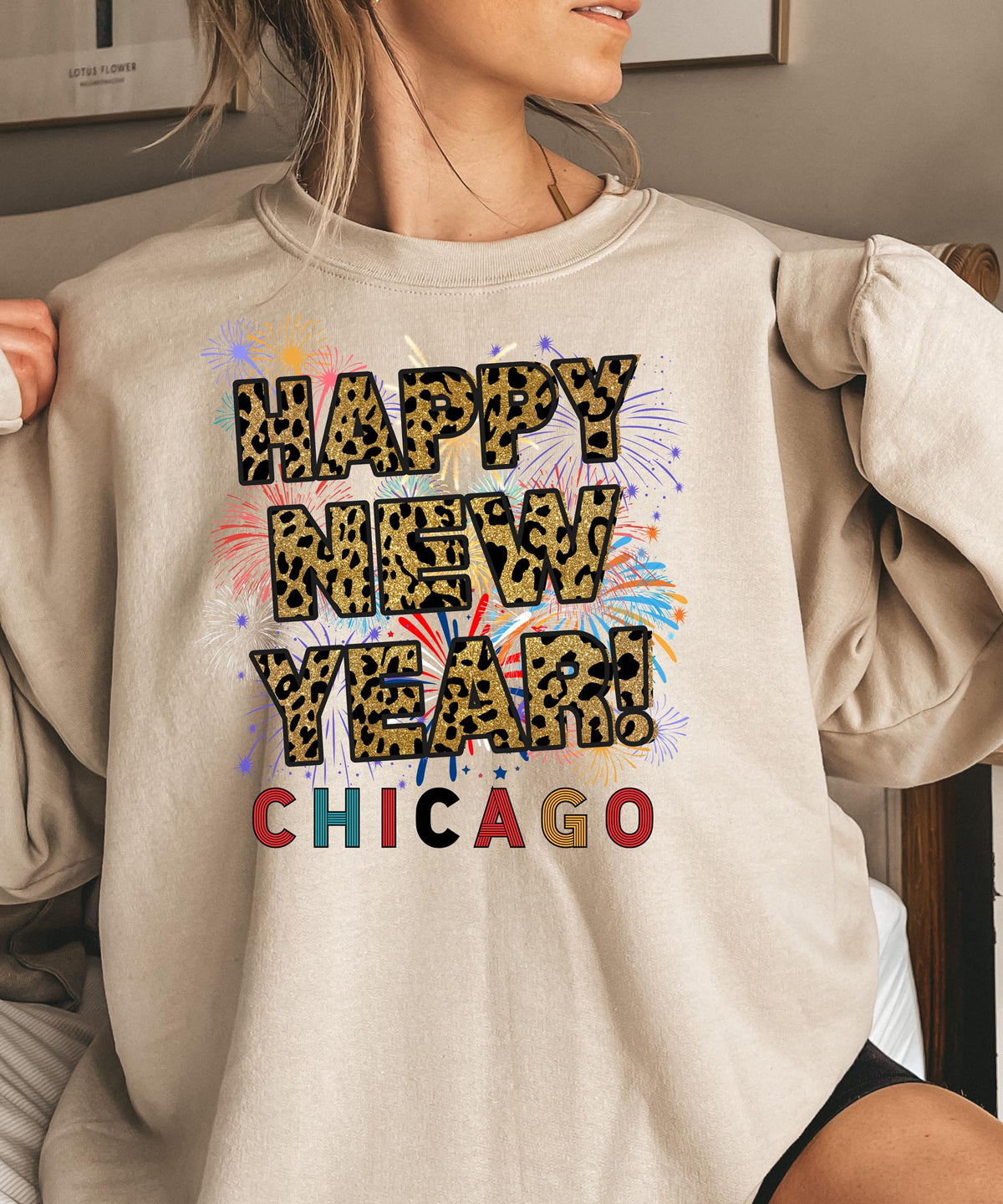 Unisex Happy New Year Chicago Sweatshirt – Fireworks, Leopard Print, and Festive Style for Winter Celebrations