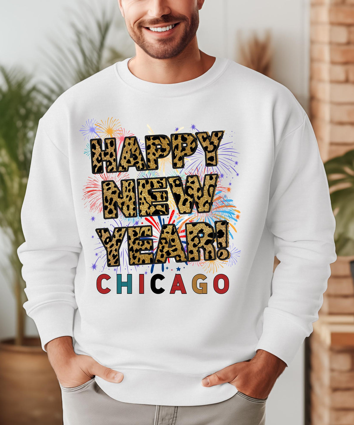 Unisex Happy New Year Chicago Sweatshirt – Fireworks, Leopard Print, and Festive Style for Winter Celebrations