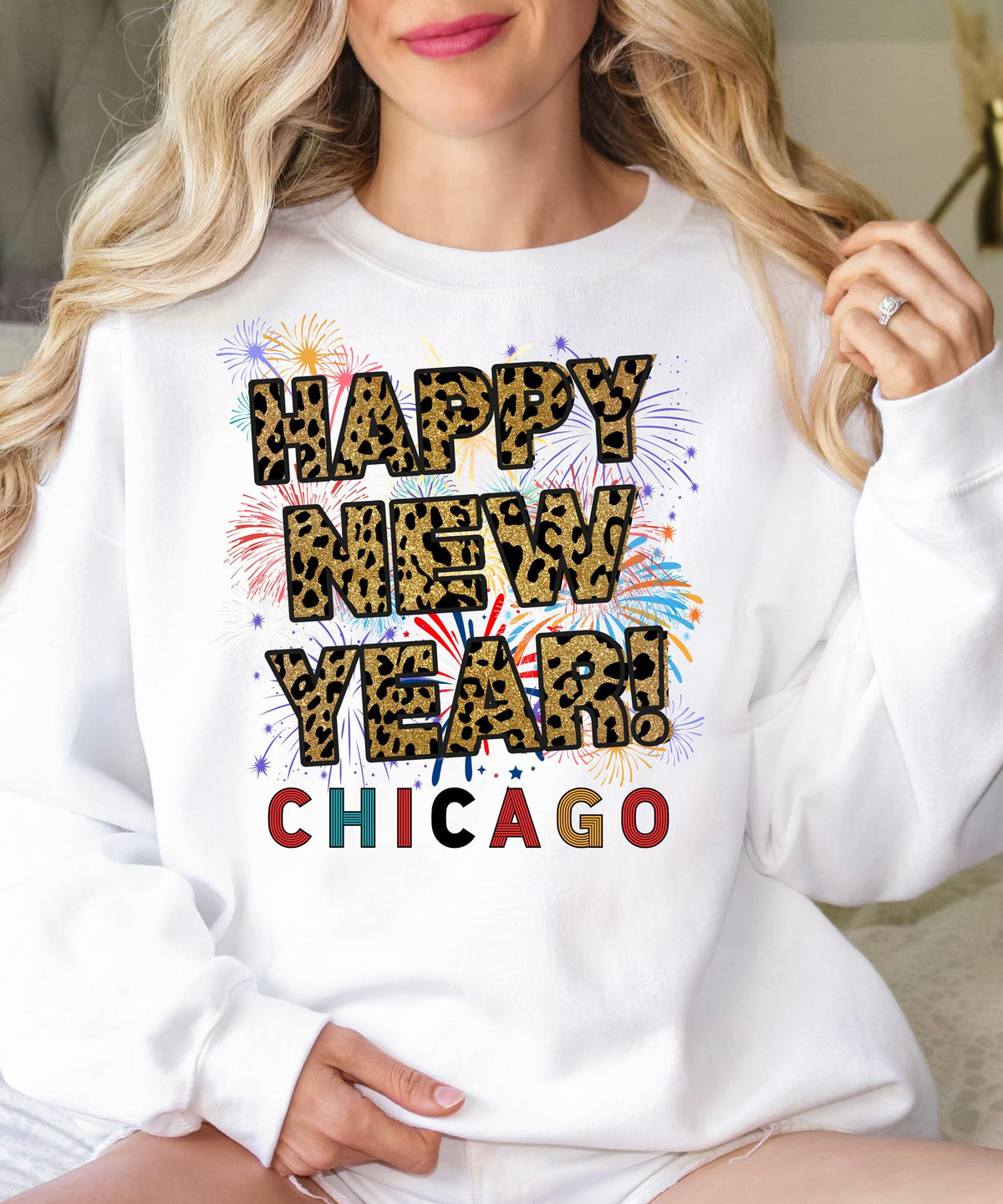 Unisex Happy New Year Chicago Sweatshirt – Fireworks, Leopard Print, and Festive Style for Winter Celebrations