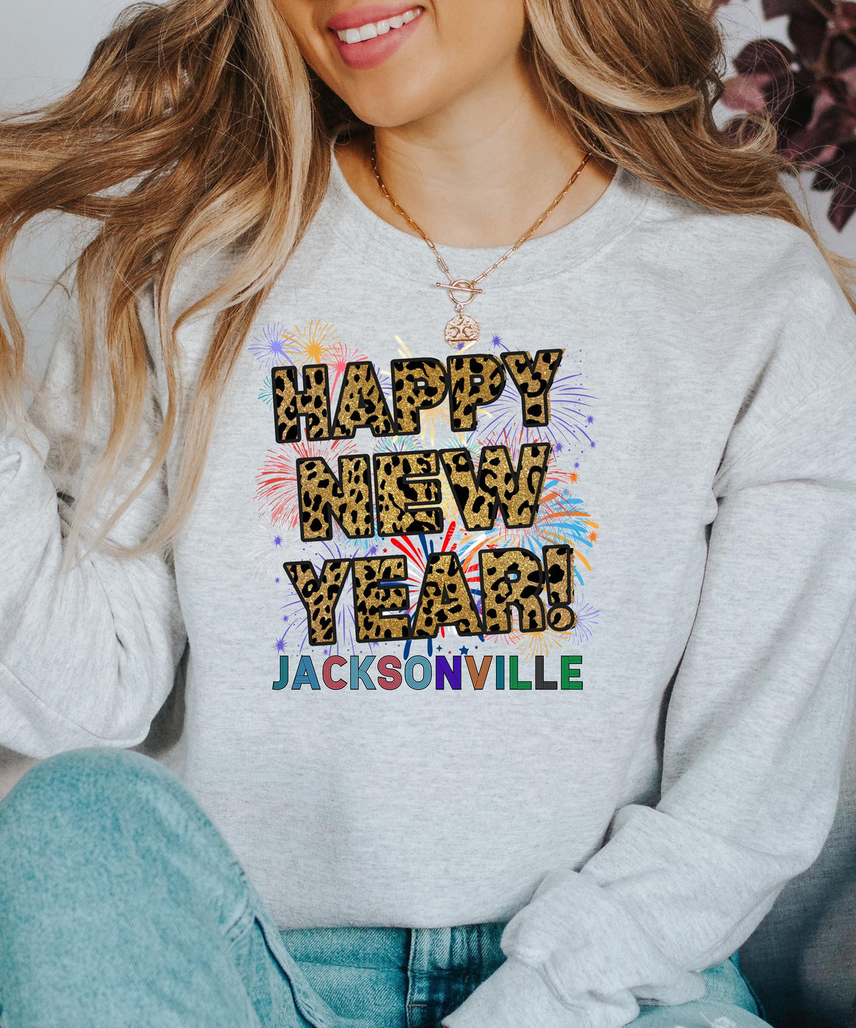 Unisex Happy New Year Jacksonville Sweatshirt – Vibrant Fireworks and Trendy Leopard Print Design