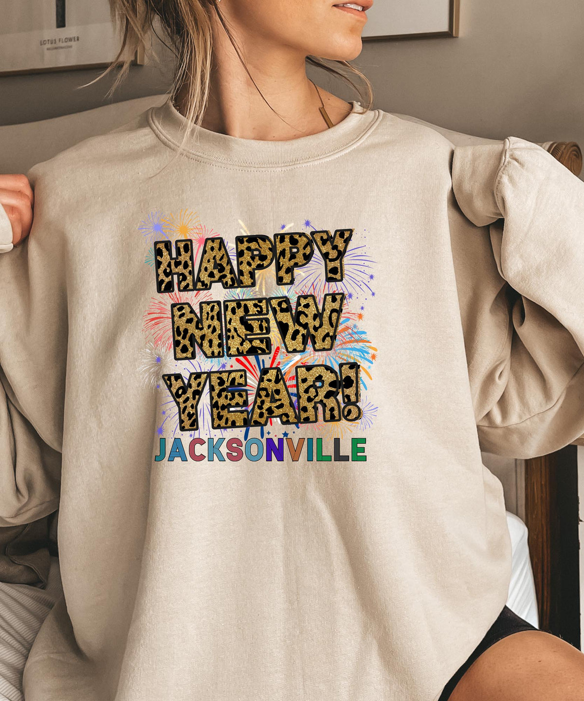 Unisex Happy New Year Jacksonville Sweatshirt – Vibrant Fireworks and Trendy Leopard Print Design