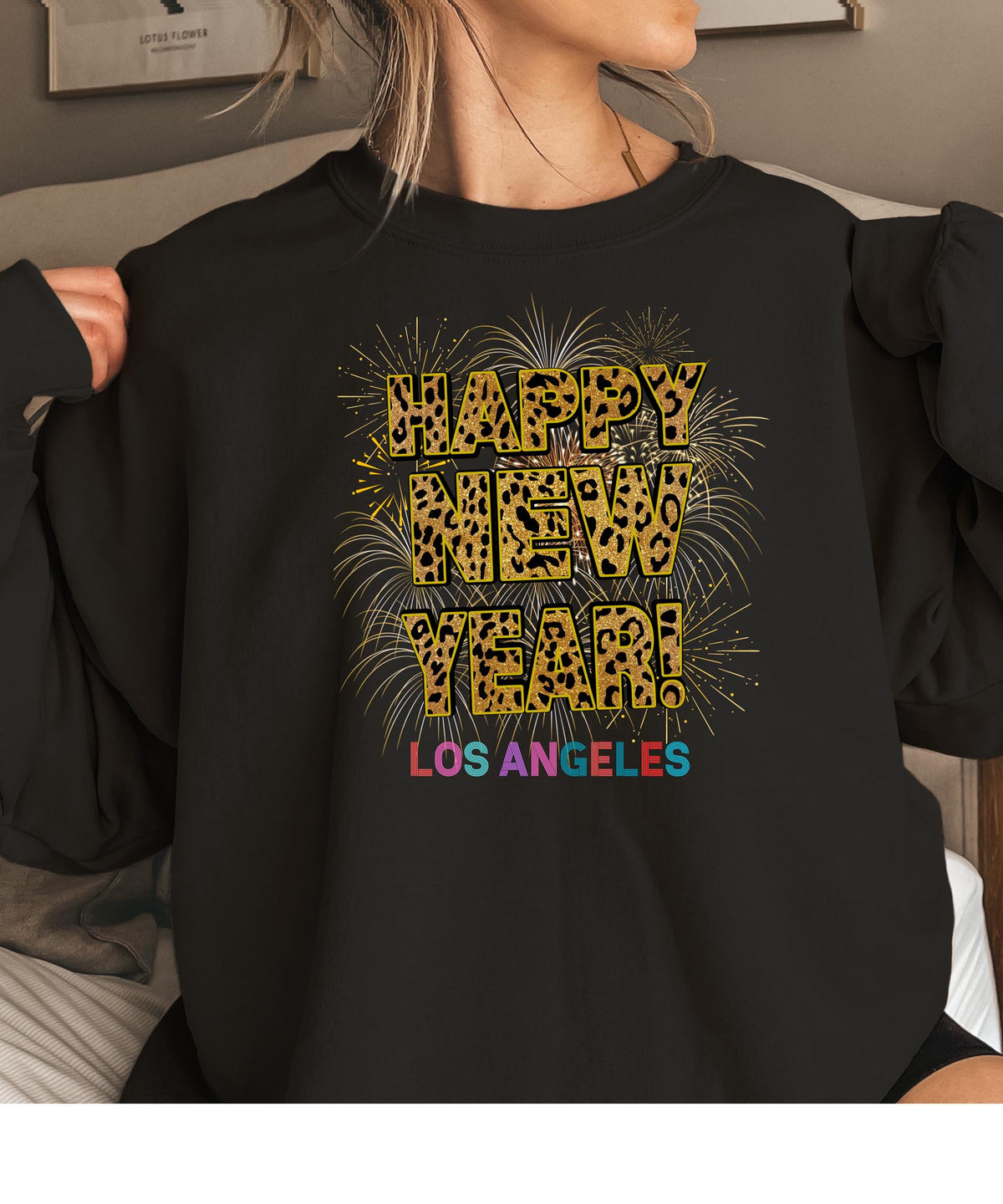 Unisex Happy New Year Los Angeles Sweatshirt – Fireworks, Leopard Print, and Festive LA Style