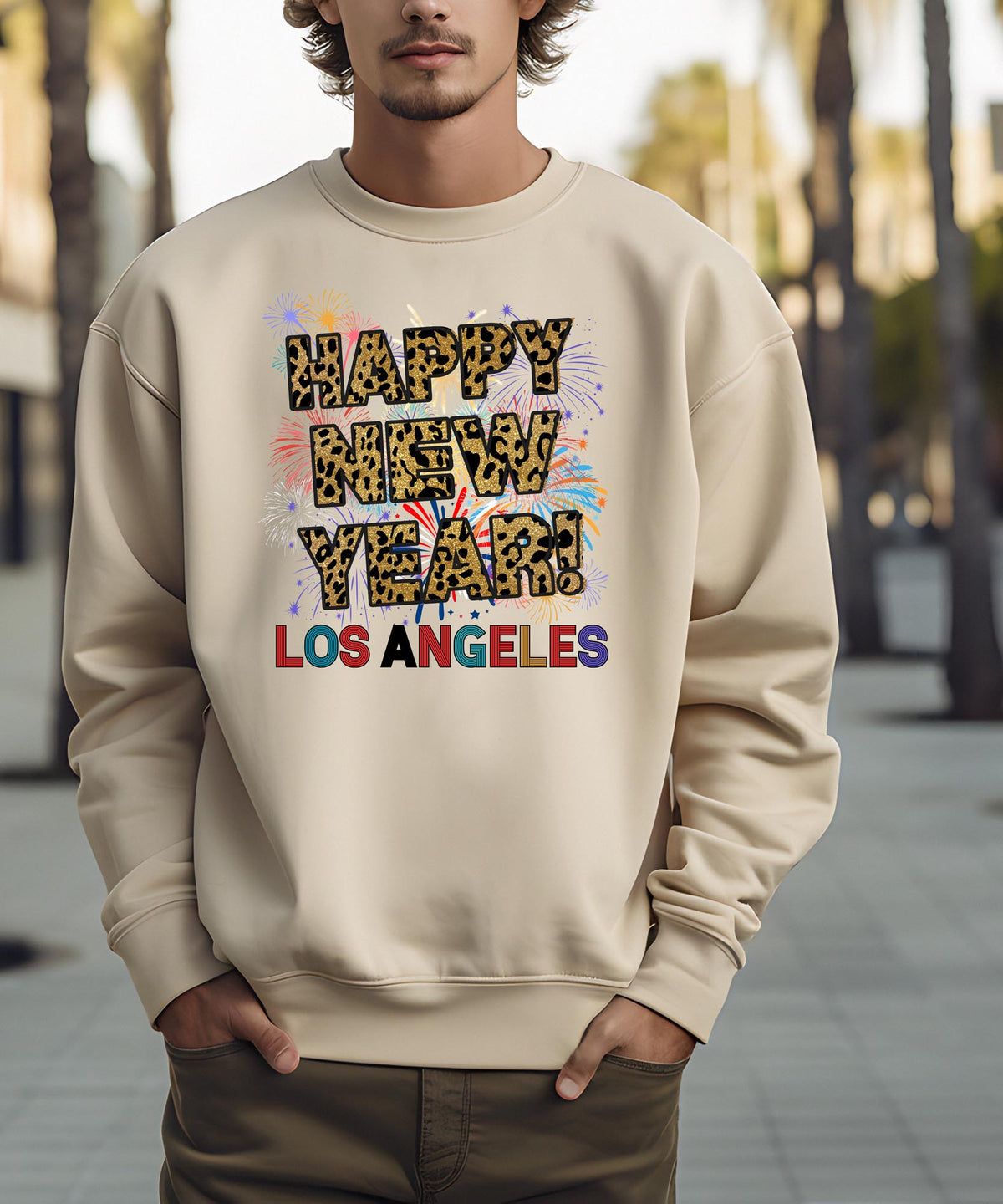 Unisex Happy New Year Los Angeles Sweatshirt – Fireworks, Leopard Print, and Festive LA Style