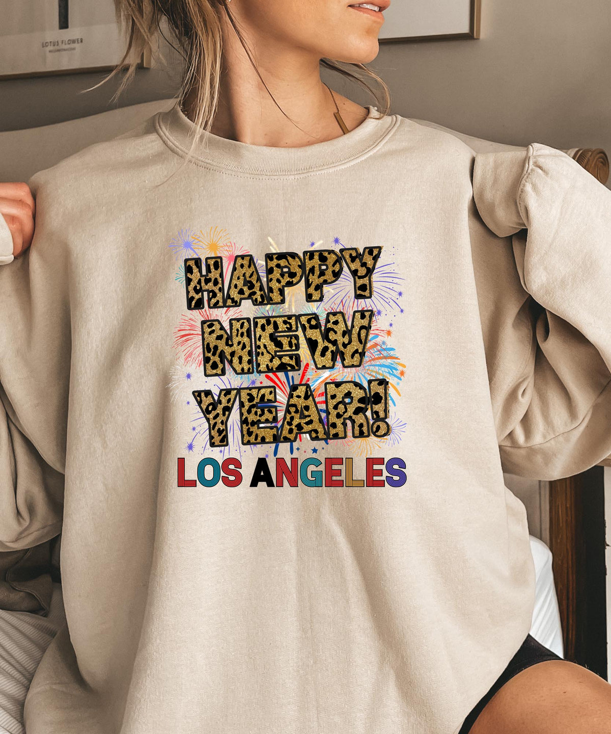 Unisex Happy New Year Los Angeles Sweatshirt – Fireworks, Leopard Print, and Festive LA Style