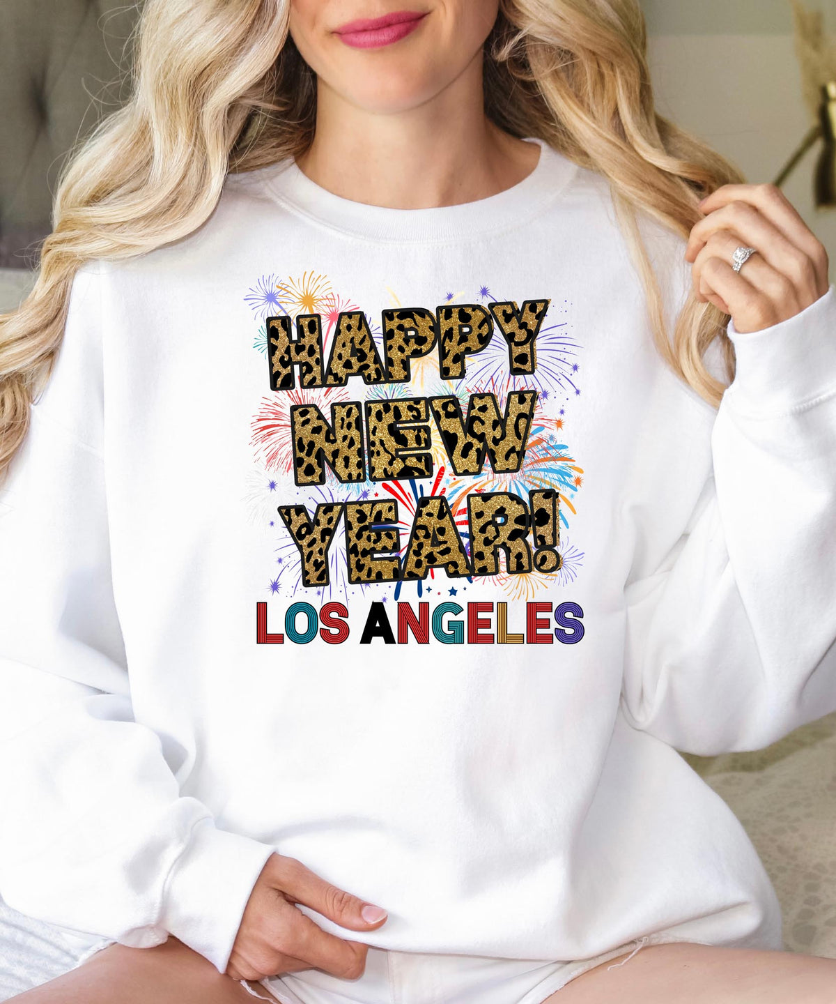 Unisex Happy New Year Los Angeles Sweatshirt – Fireworks, Leopard Print, and Festive LA Style