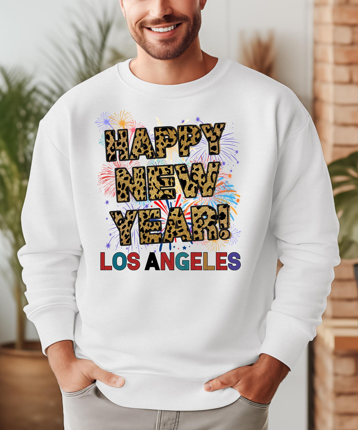 Unisex Happy New Year Los Angeles Sweatshirt – Fireworks, Leopard Print, and Festive LA Style