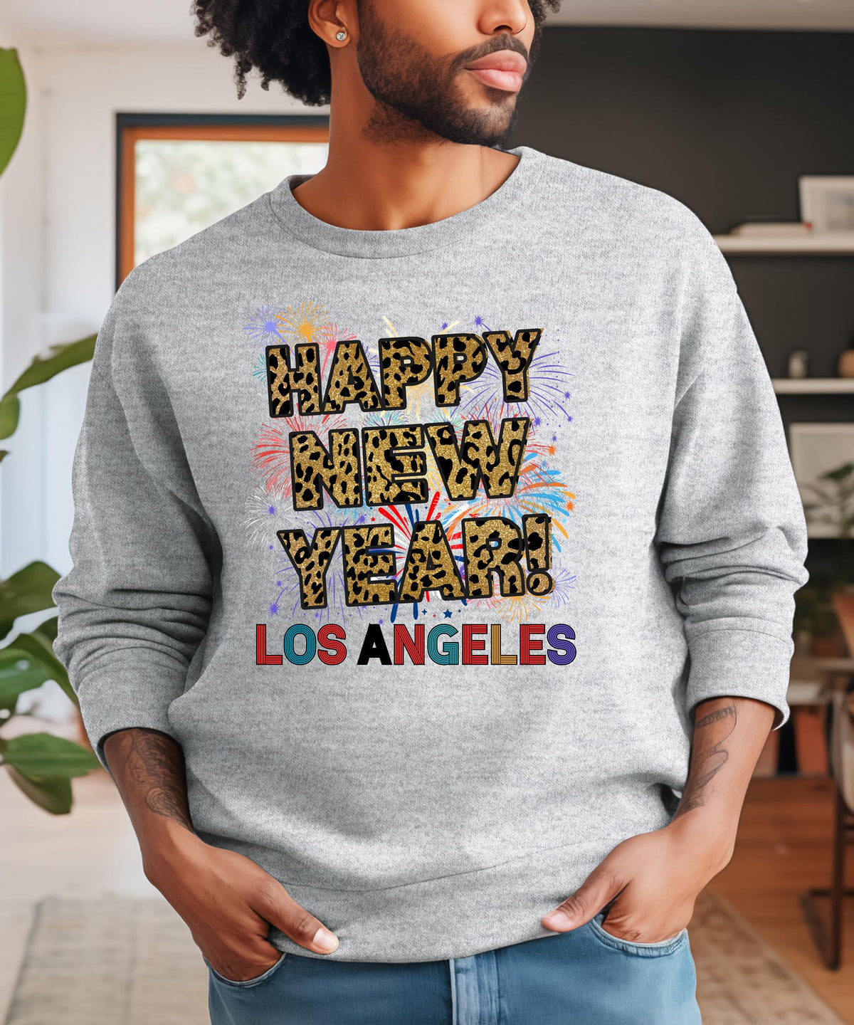 Unisex Happy New Year Los Angeles Sweatshirt – Fireworks, Leopard Print, and Festive LA Style