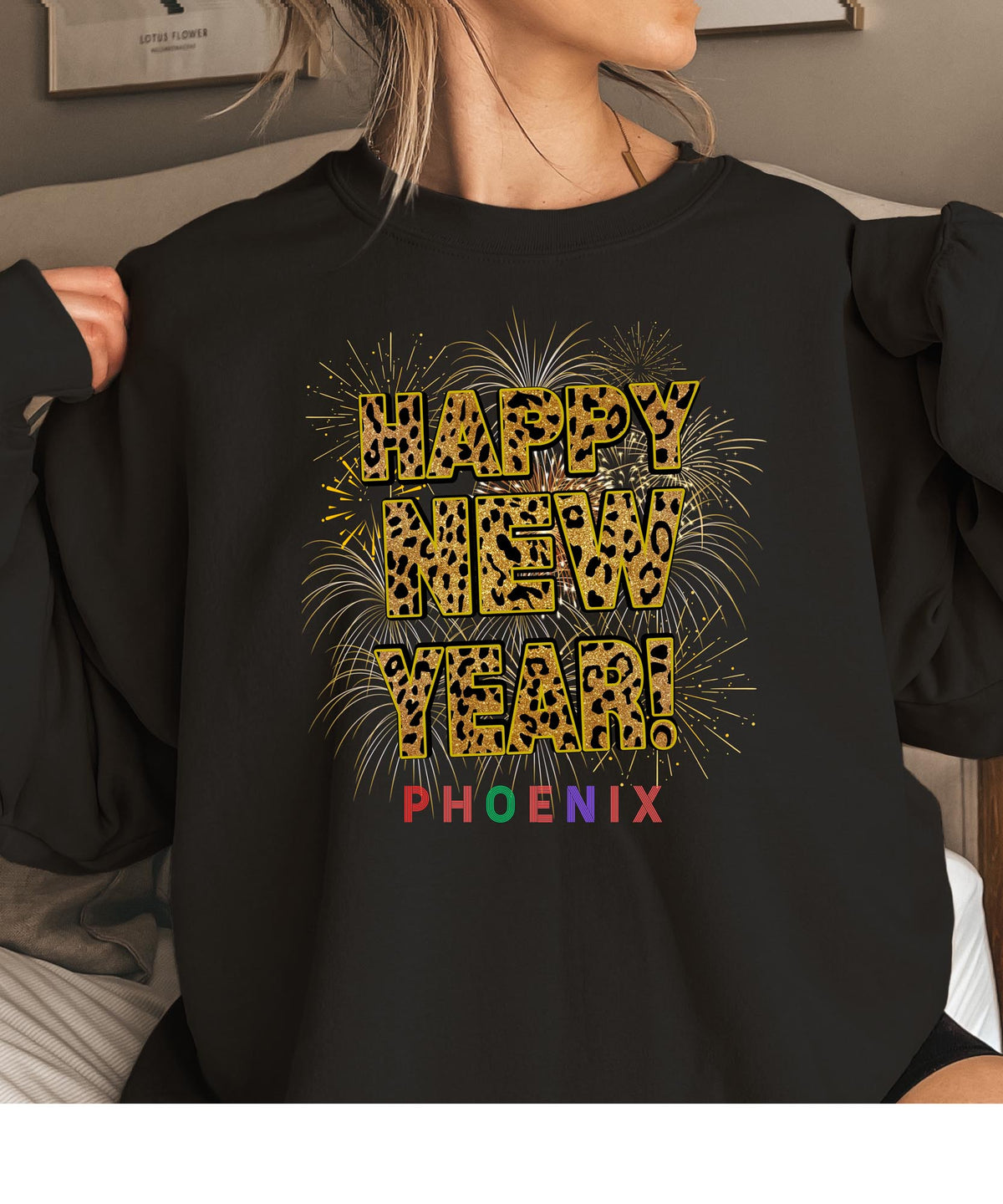 Unisex Happy New Year Phoenix Sweatshirt – Fireworks, Leopard Print, and Festive Desert Style