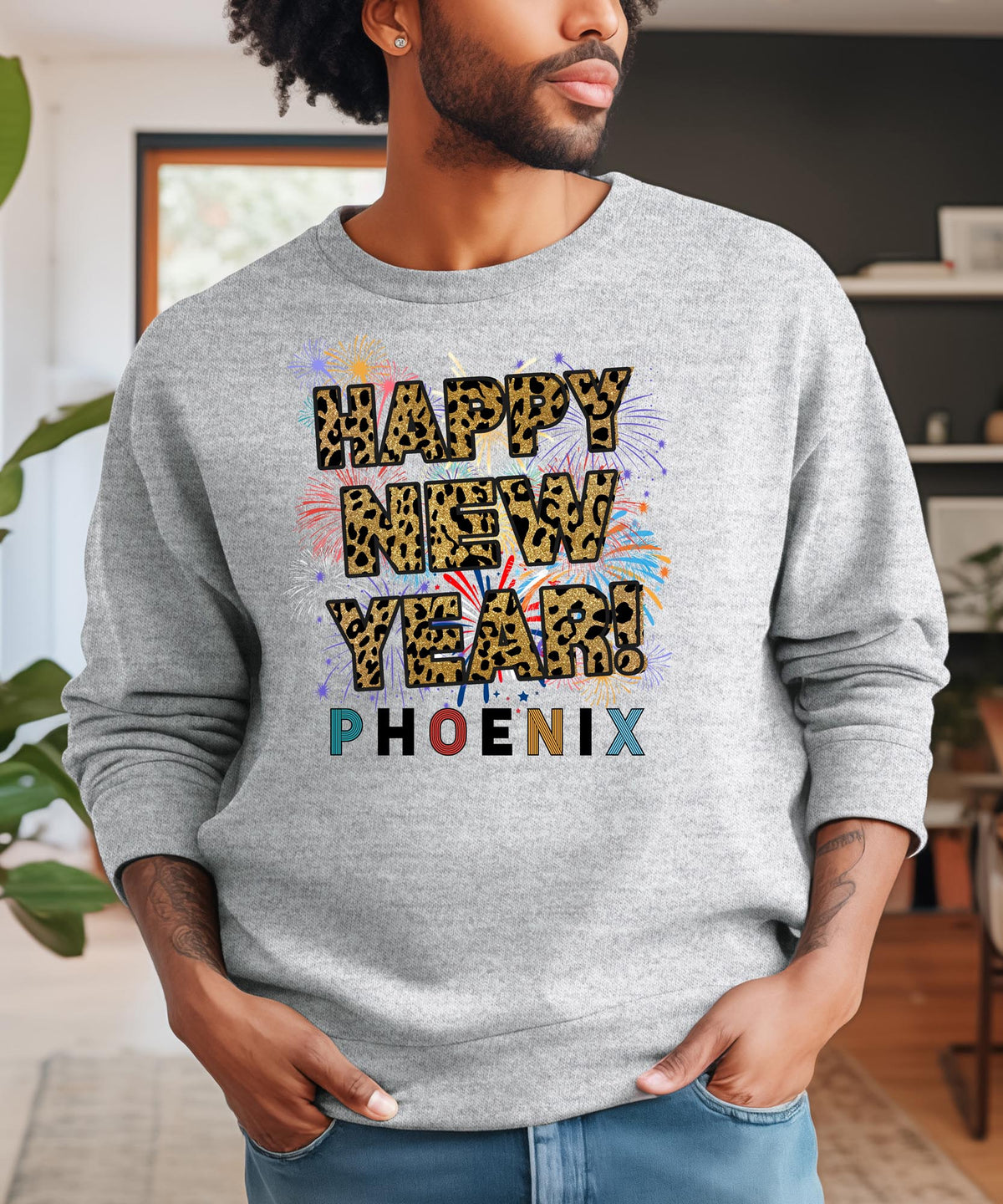 Unisex Happy New Year Phoenix Sweatshirt – Fireworks, Leopard Print, and Festive Desert Style