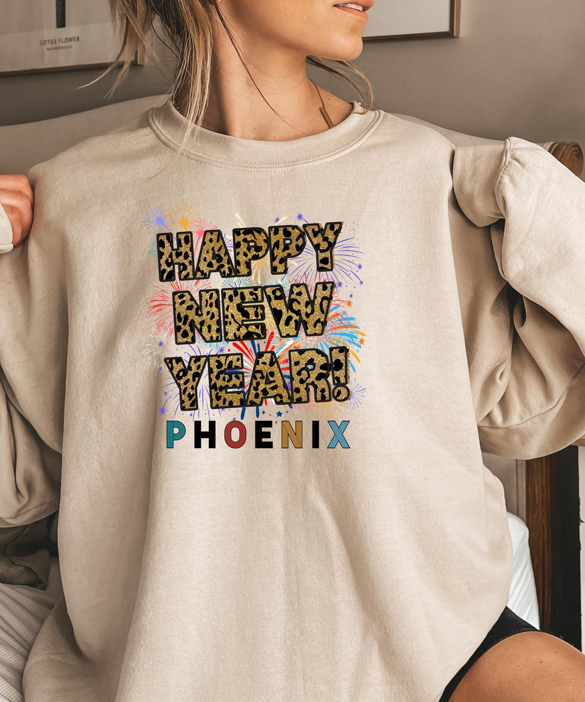 Unisex Happy New Year Phoenix Sweatshirt – Fireworks, Leopard Print, and Festive Desert Style