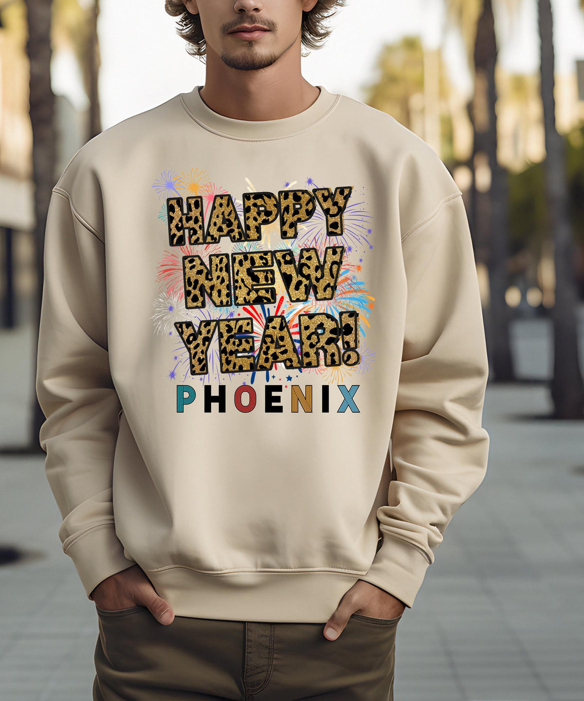 Unisex Happy New Year Phoenix Sweatshirt – Fireworks, Leopard Print, and Festive Desert Style