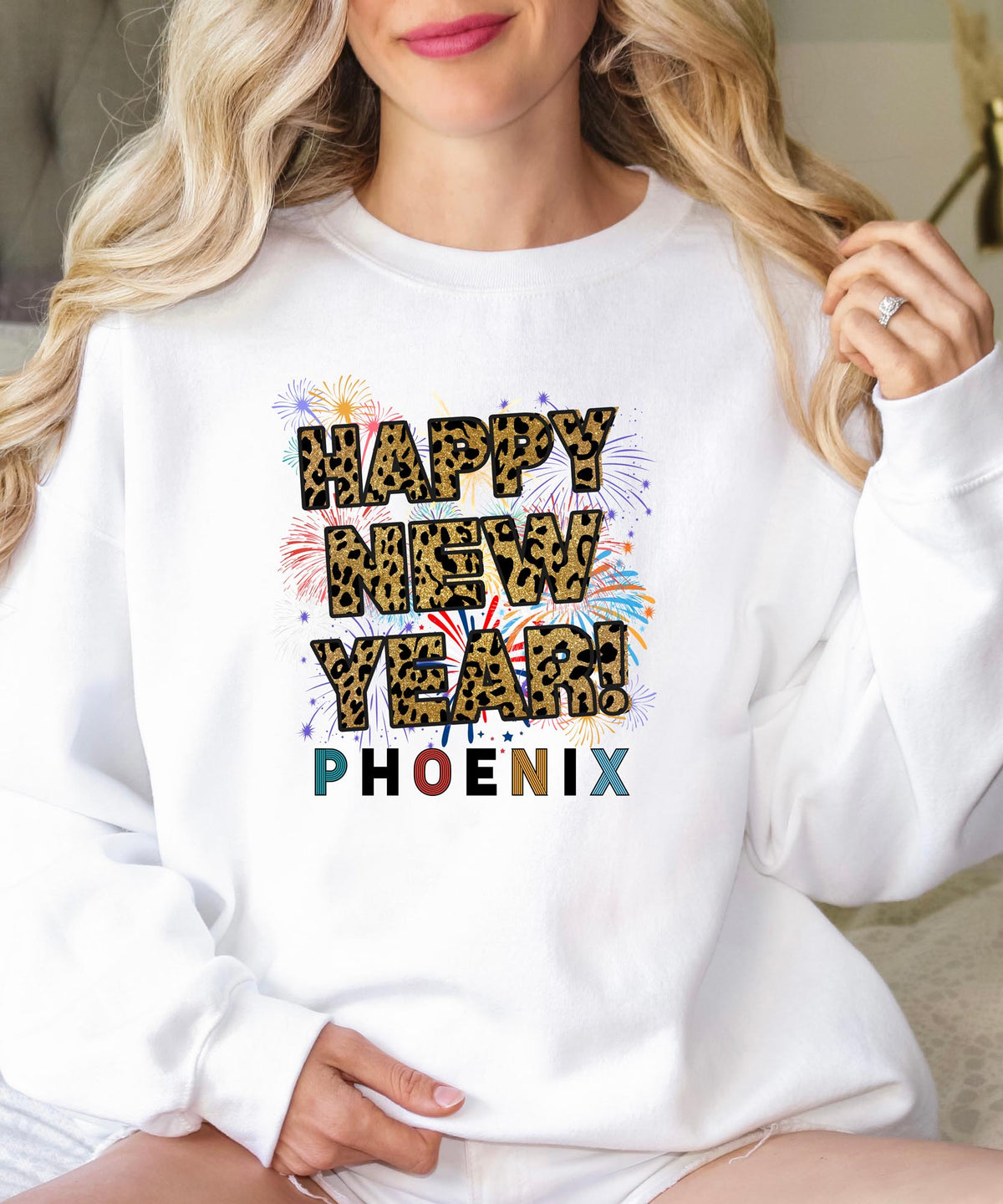 Unisex Happy New Year Phoenix Sweatshirt – Fireworks, Leopard Print, and Festive Desert Style