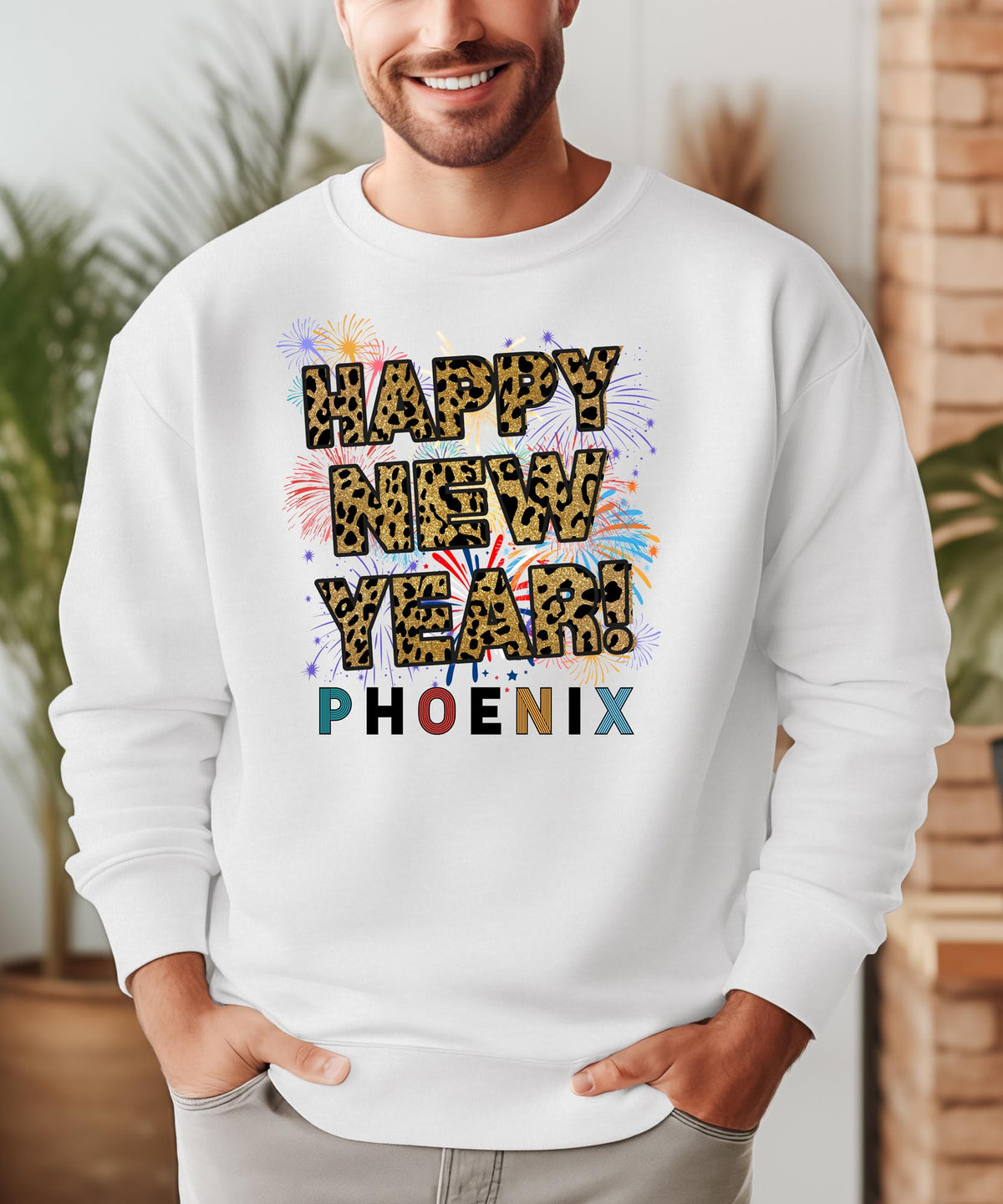 Unisex Happy New Year Phoenix Sweatshirt – Fireworks, Leopard Print, and Festive Desert Style