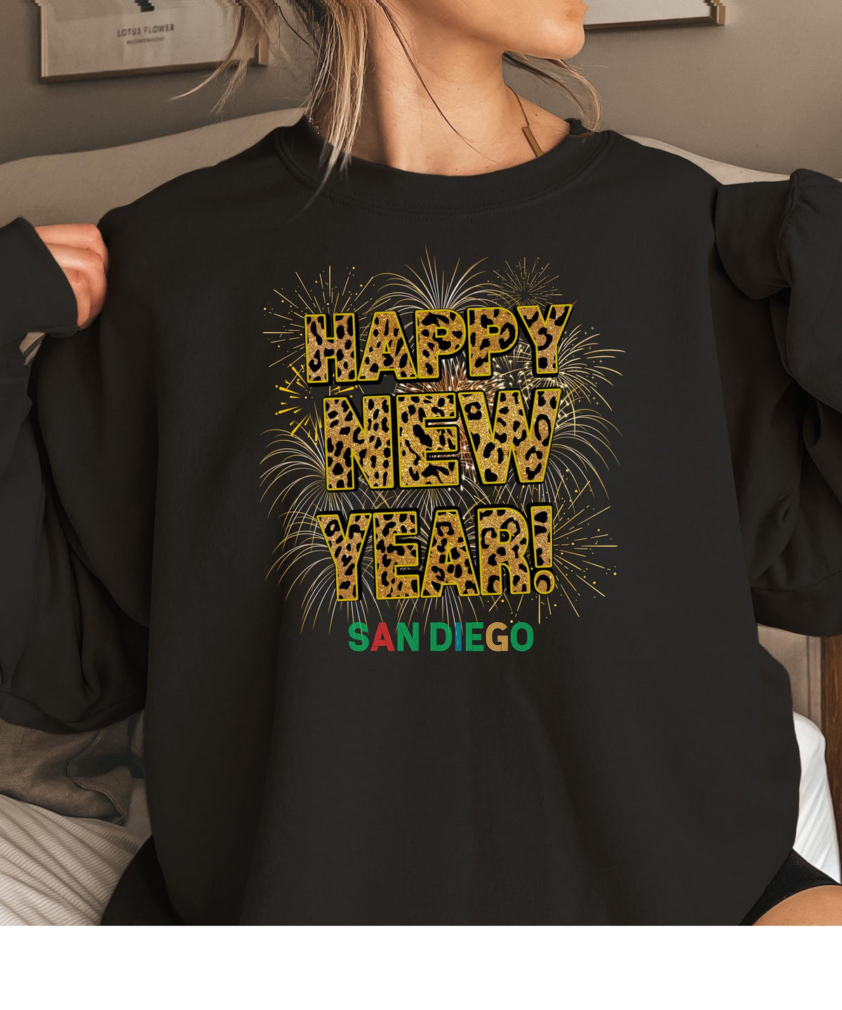 Unisex Happy New Year San Diego Sweatshirt – Fireworks, Leopard Print, and Coastal Festive Style