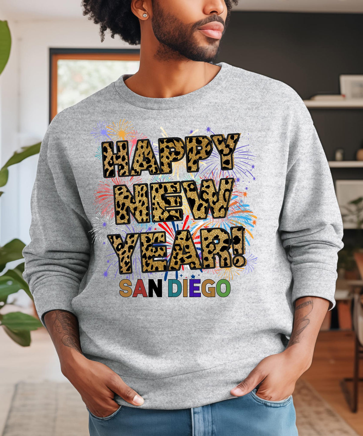 Unisex Happy New Year San Diego Sweatshirt – Fireworks, Leopard Print, and Coastal Festive Style