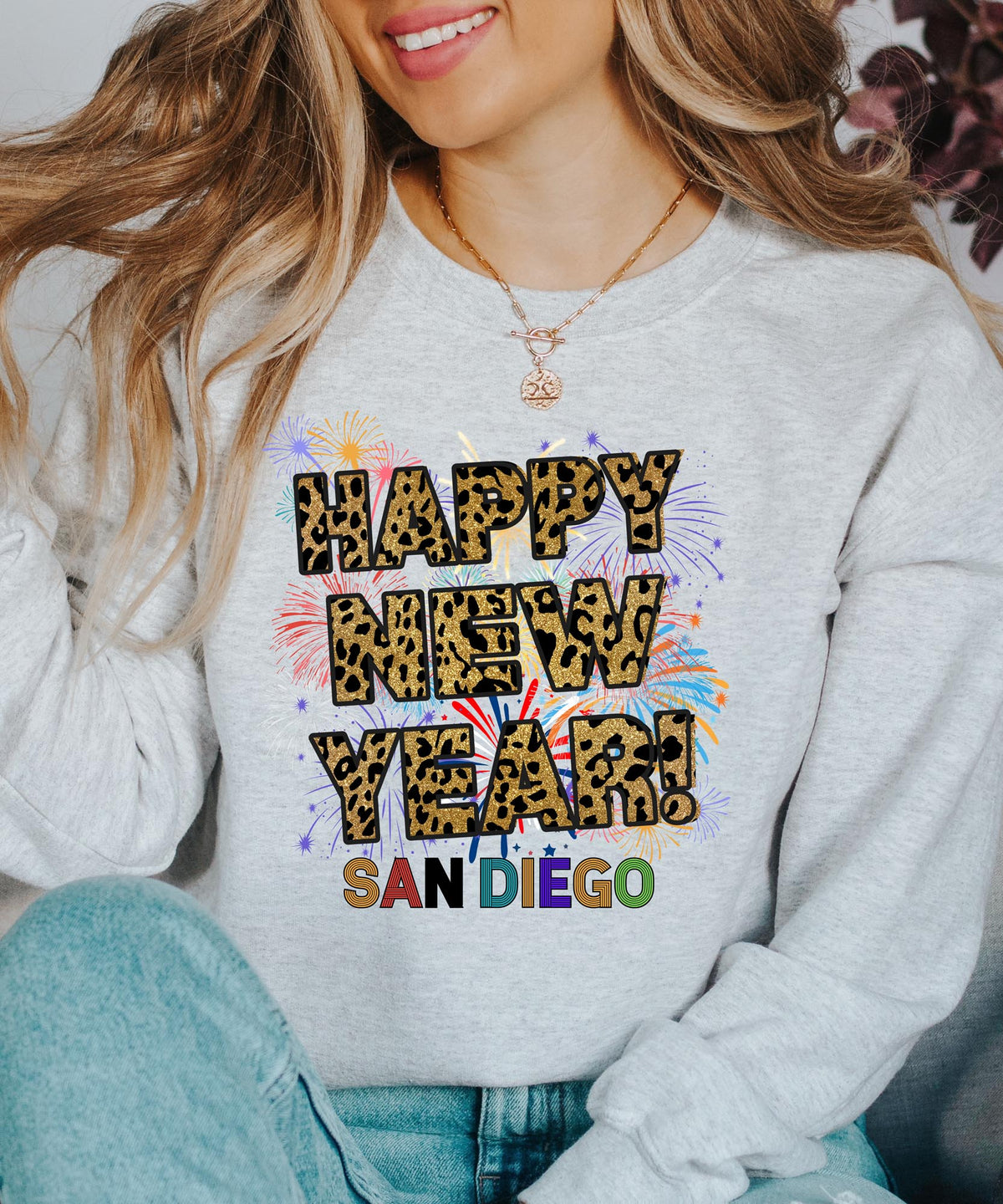 Unisex Happy New Year San Diego Sweatshirt – Fireworks, Leopard Print, and Coastal Festive Style