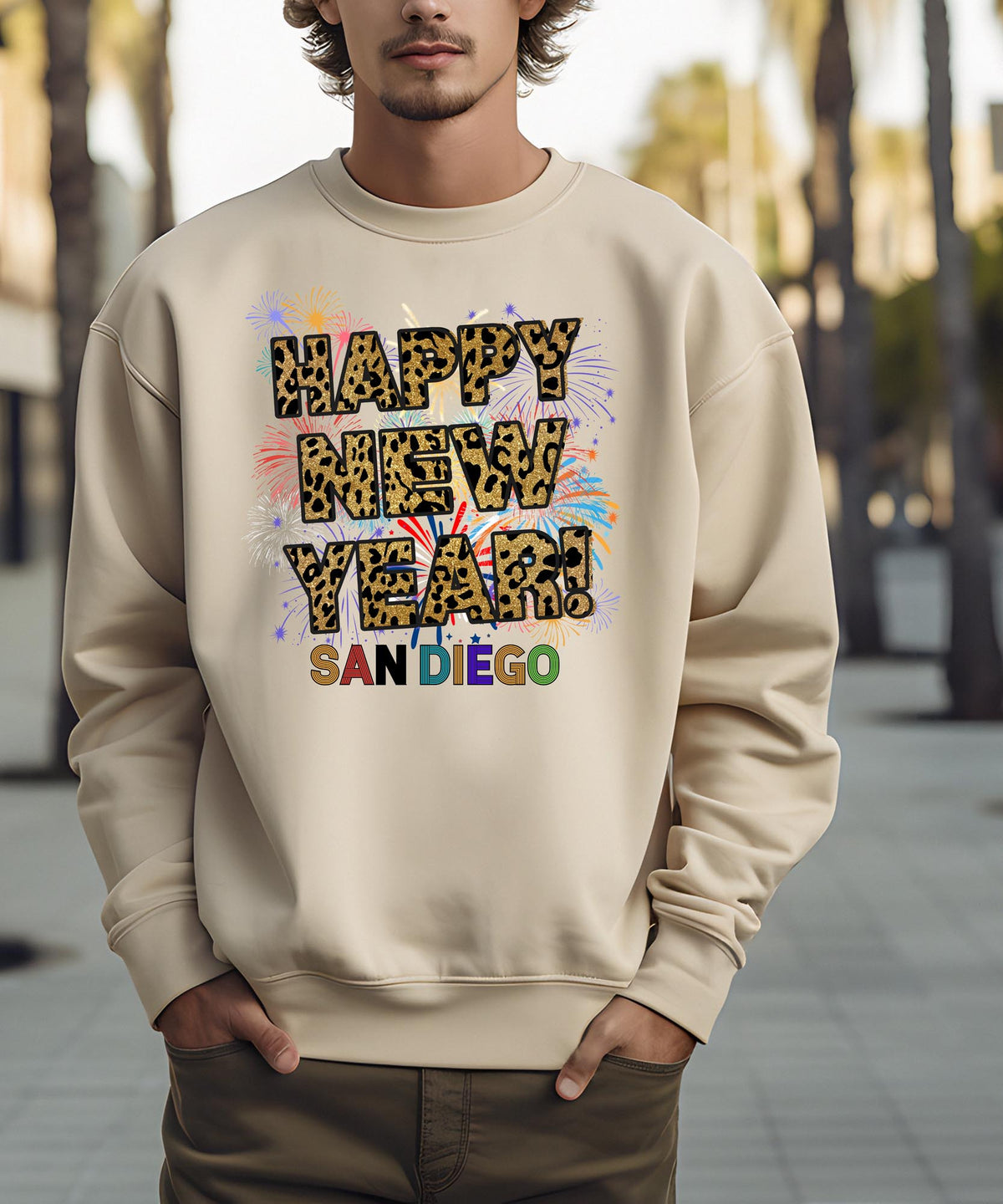 Unisex Happy New Year San Diego Sweatshirt – Fireworks, Leopard Print, and Coastal Festive Style