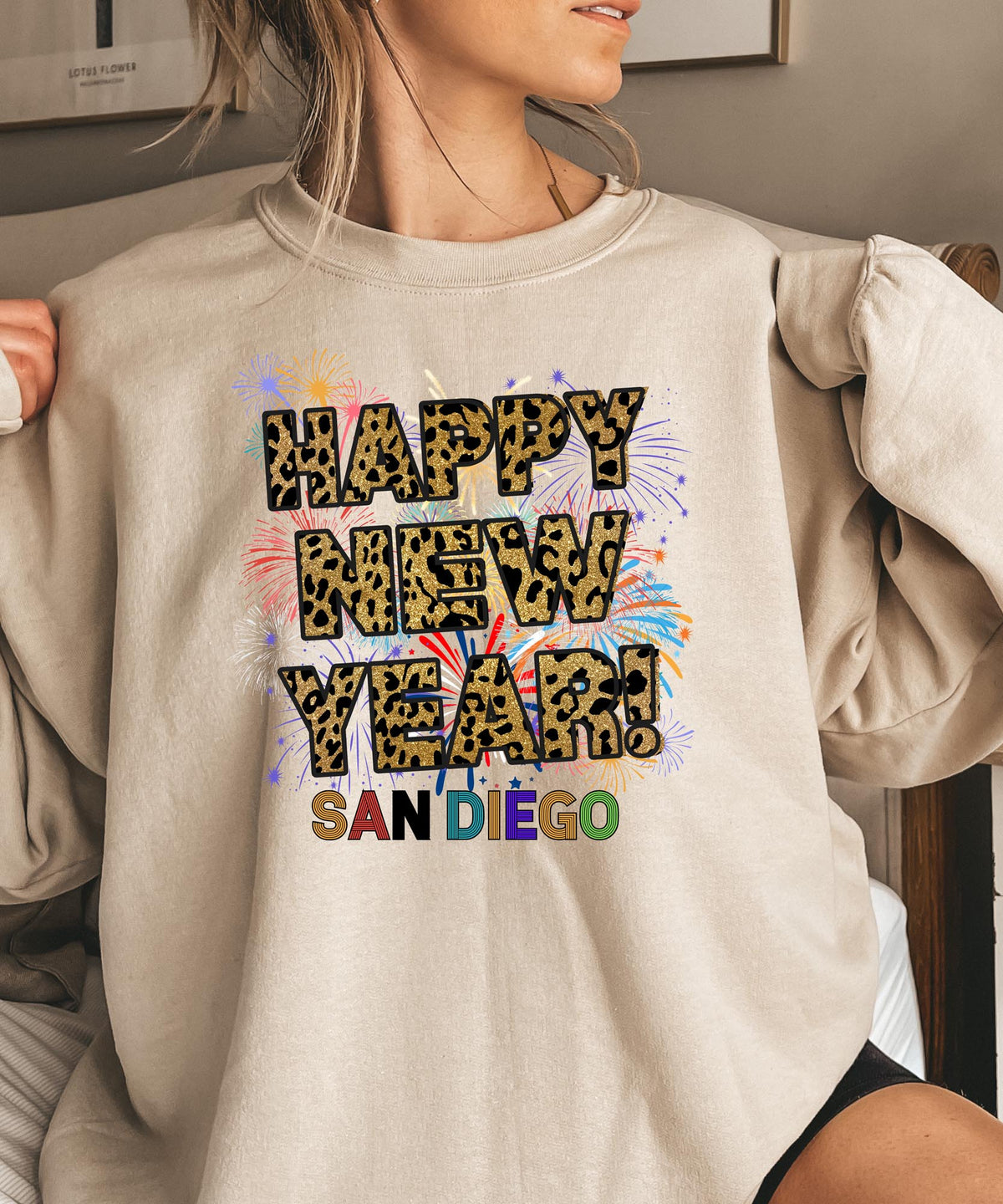 Unisex Happy New Year San Diego Sweatshirt – Fireworks, Leopard Print, and Coastal Festive Style